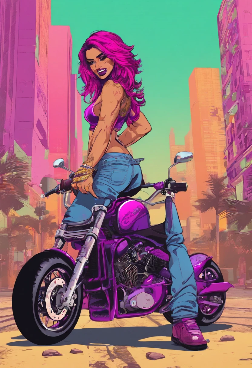 chica punk con pelo morado culo grande en moto desnuda