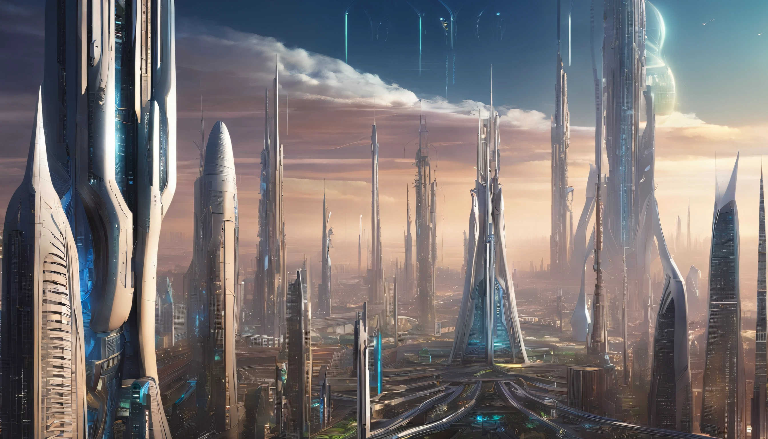 The metropolis of the future, many kilometers of spires rushing upwards;.