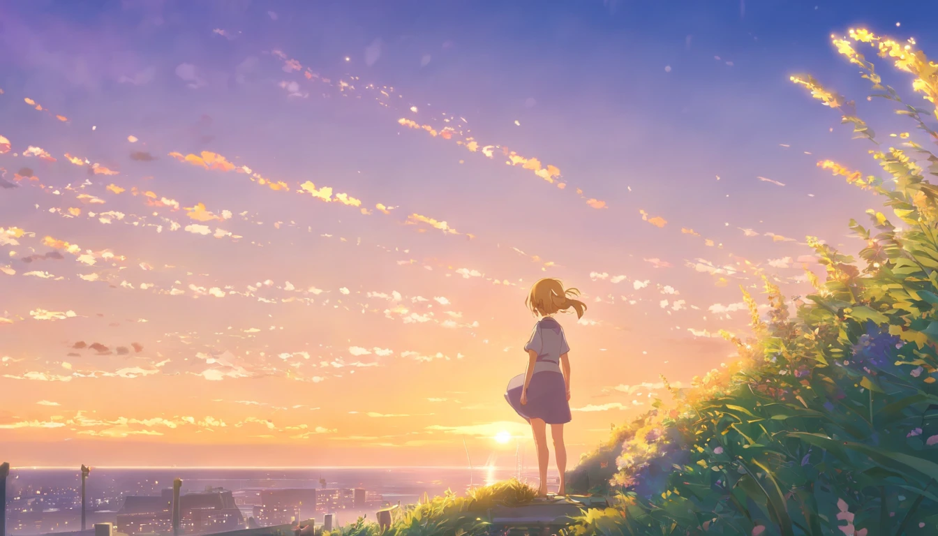 best quality, masterpiece, extremely detailed, detailed background, 1girl, solo, yellow hair, blue eyes, braid, long hair, wavy hair, fluffy hair, ponytail, french braid, blush, smile, capelet, lace trim, bodice, sunset, dusk, scenery, high place, horizon, wind, wind blow, flowerbed, looking at viewer, depth of field, bokeh
