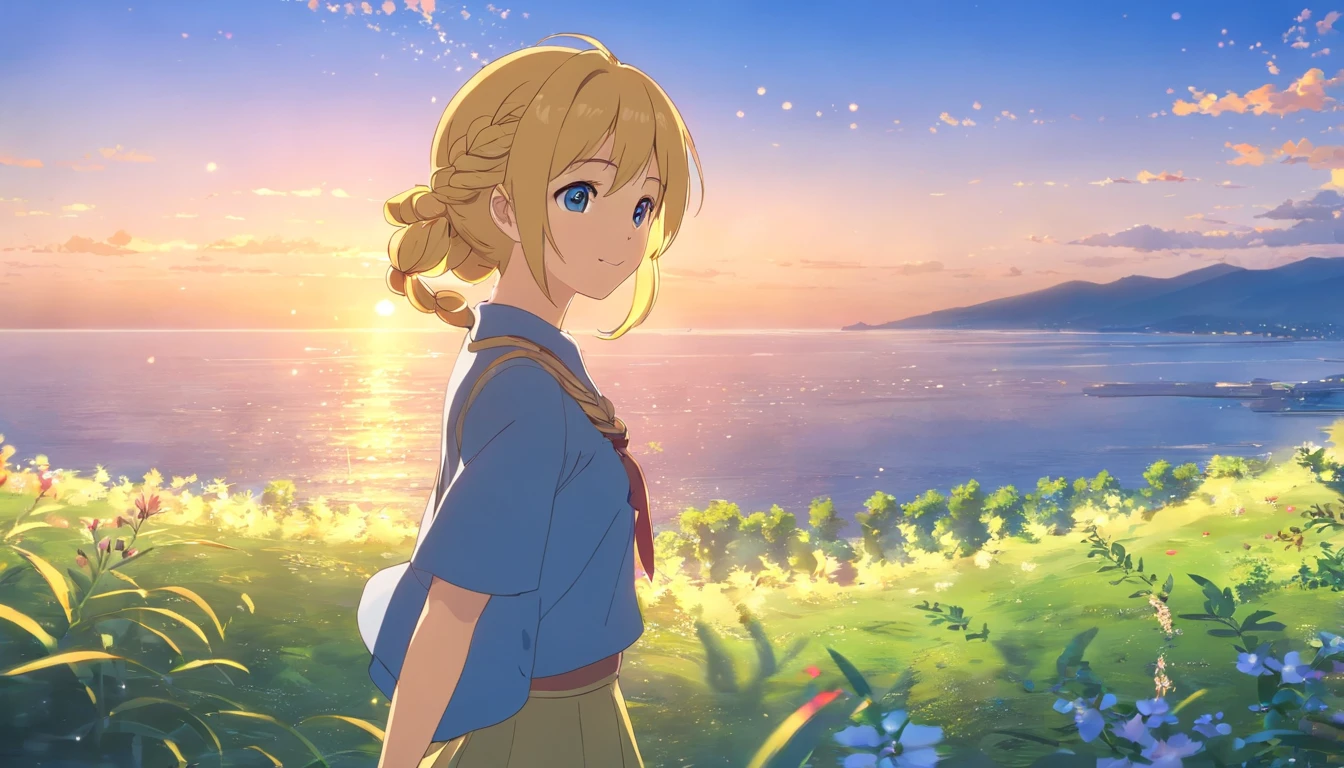 best quality, masterpiece, extremely detailed, detailed background, 1girl, solo, yellow hair, blue eyes, braid, long hair, wavy hair, fluffy hair, ponytail, french braid, blush, smile, capelet, lace trim, bodice, sunset, dusk, scenery, high place, horizon, wind, wind blow, flowerbed, looking at viewer, depth of field, bokeh