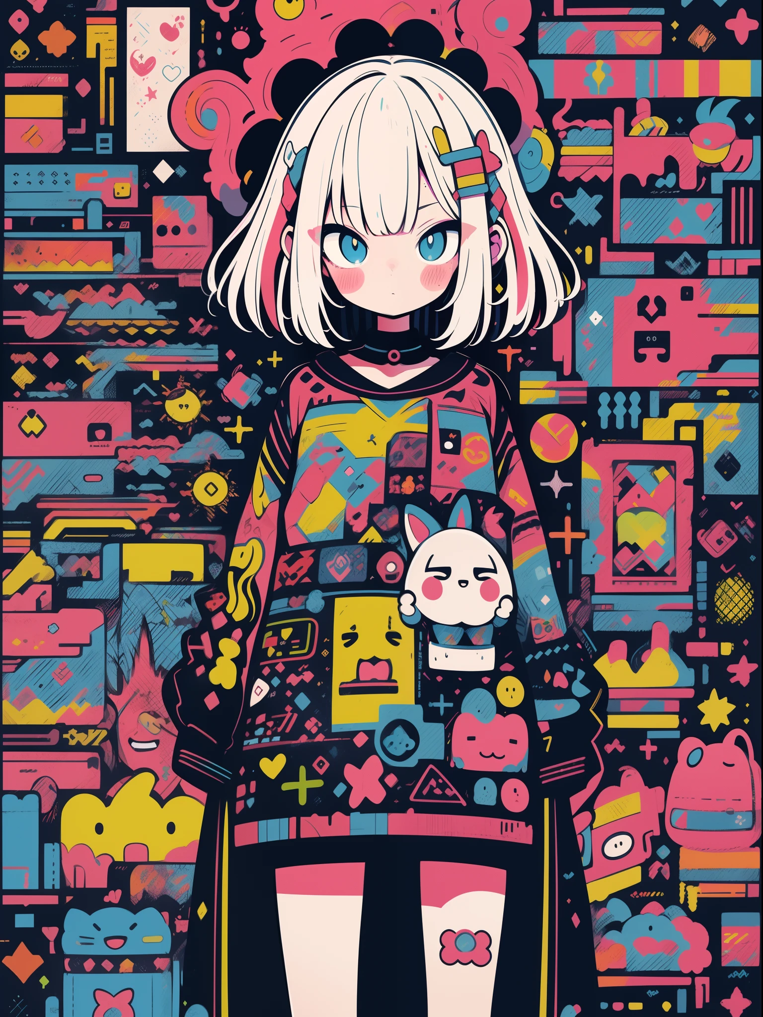 alta qualidade、Neon color palette、High-level image quality、kawaii menina、Unprecedented number of draws、estilo anime、Geometric pattern background、estilo de adesivo、short hair、Cabelos escuros、olhos castanhos, messy hair, Menhera, Ataduras, roupas largas, camiseta baggy, self-harm, Guro, Escuro, deprimido, bolsas oculares, olhos pesados, Olhos escuros, sangue, assustador, EroGuro, Olheiras, neon light, eye strain, Falha, retro, assustador,