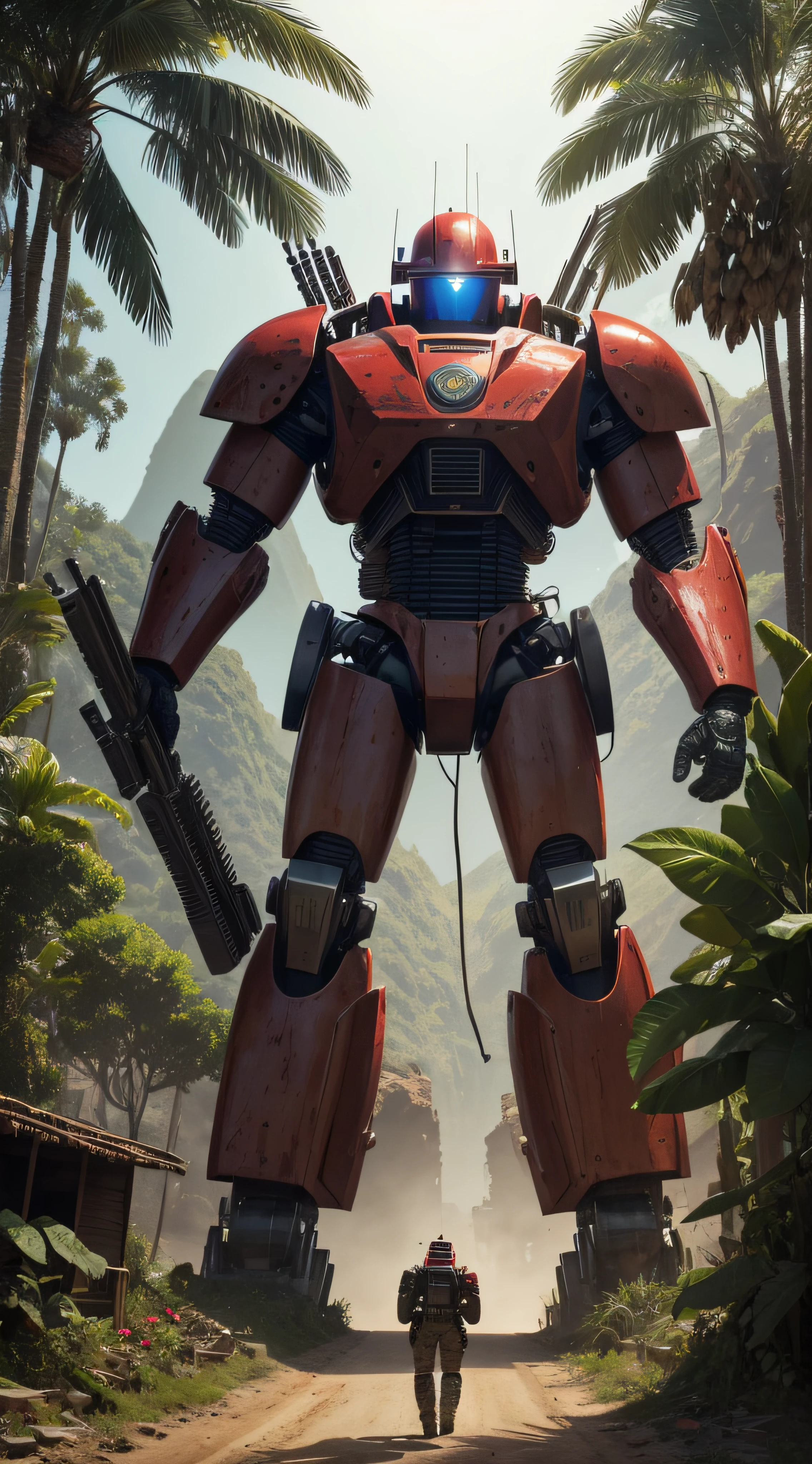 (extremadamente detallado, obra maestra, La mejor calidad, foto antigua, principios de siglo, VHS Aesthetics) Great retro robot with blood in robotic hands. big weapons, cannons on his back. motosierras. In the middle of a strange jungle. Vegetables from another dimension. Epic flowers far away, organic trees with meat. Light Volumetric