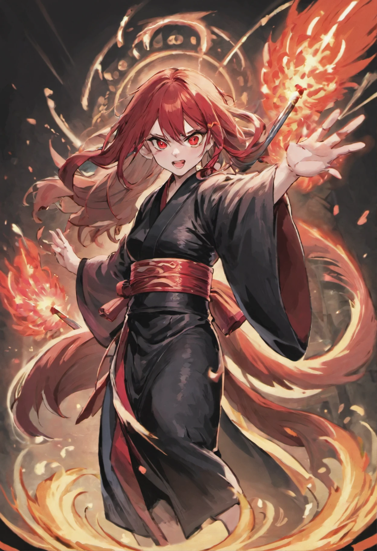 a cool,Cold,20代の男性,red hairs,The long-haired,Feathers on the back,wingspan,Straight long hair,Japanese dress,Monk's decorative kimono,a cassock,red eyes,glares,I have a tin cane,cana,Tin rod,battleing,furred,nails are long,top-quality、(illustratio)