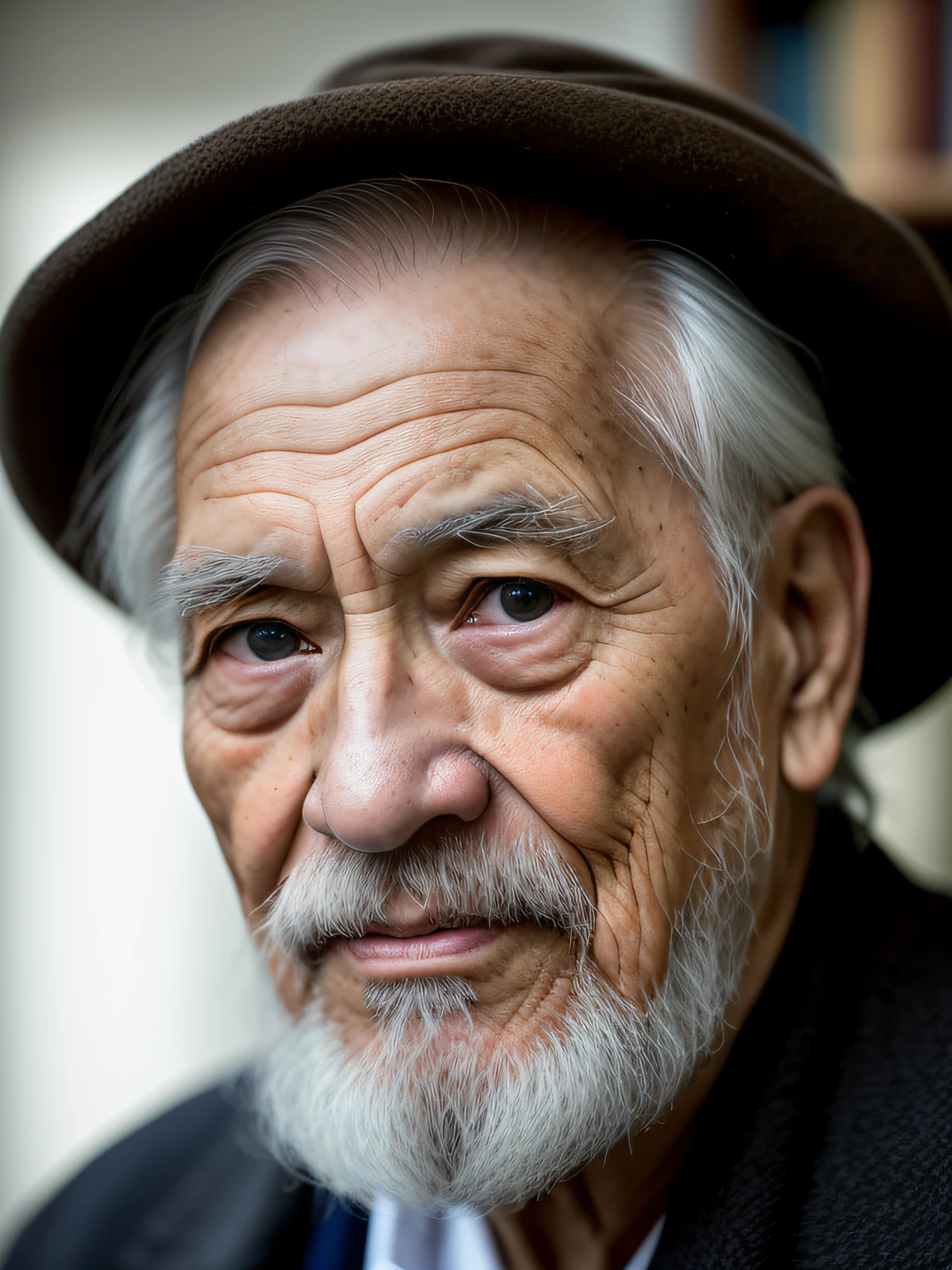 Hyper-Resolution, Ultra photo realsisim, cinema shot, Vignette, Portrait of an 80-year-old man,Look at the viewer,An elderly Asian man,Spiritual old man,Single image,Thin and thin, Old blue eyes, Short white hair, Bookshelf background,White Viking beard, Narrow face,dark-skin, Wide shoulders, Weathered by sunlight and water, Gold pattern royal twin peaks, The Royal Chambers camera is focused on the eye, High focal length, Digital SLR, 200mm lens, photography of:Cristina Otero, Dark Studio, rim lit, twotonelighting, Dimly lit, low tune, Backlight,