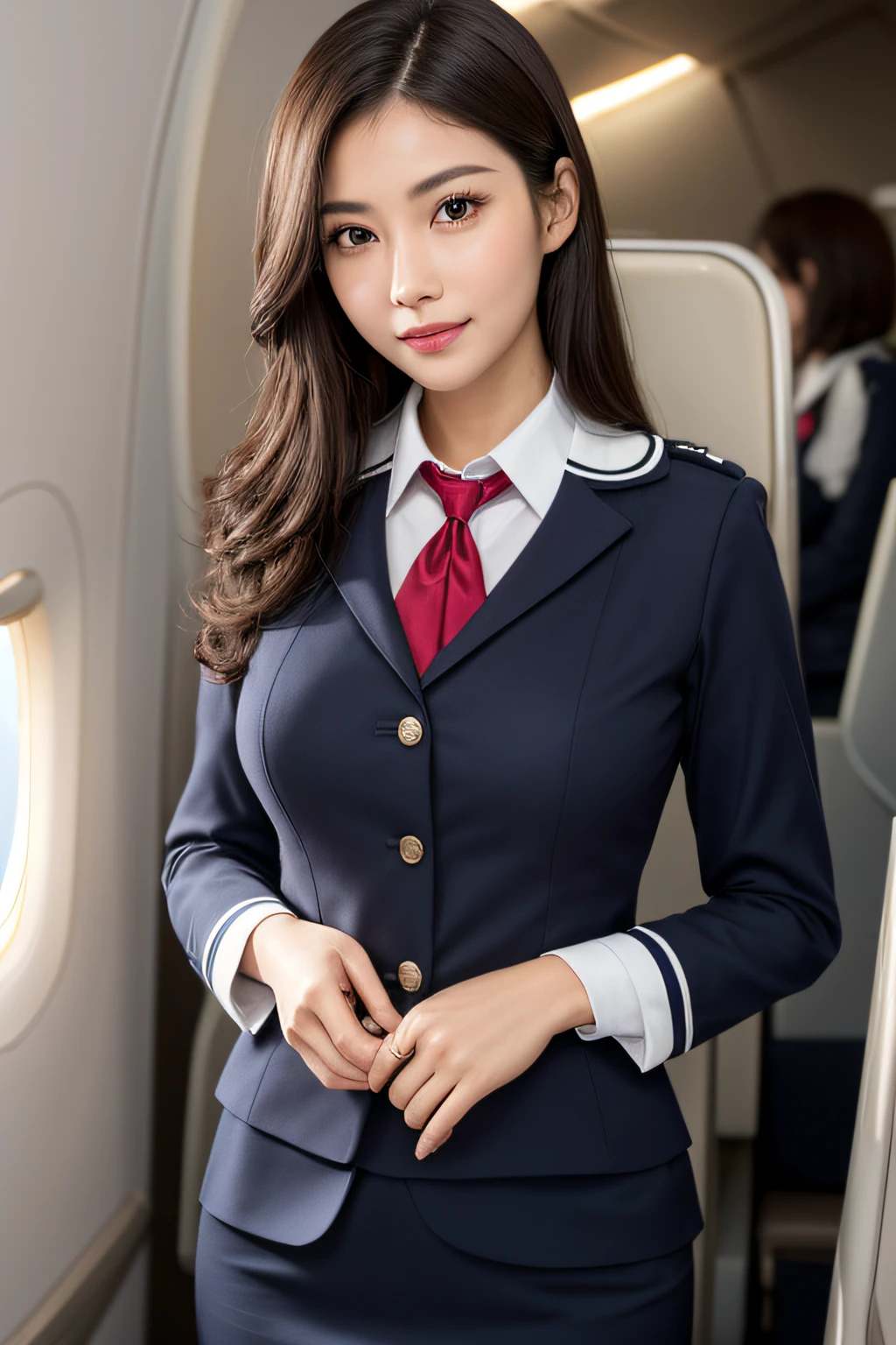 8K, of the highest quality, Intricate details, Ultra Detail, Ultra High Resolution, masterpiece, smile, (fluffy brown eyes: 1.21), Brown eyes, 1female, Solo, 40 years, cowboy shot, Standing , (Beautiful Face), Black bob hair, (Detailed face), Detailed lips, (Stewardess uniform:1.3), detailed chest, (huge breasts), detail, Perfect body, background: (in an airplane)