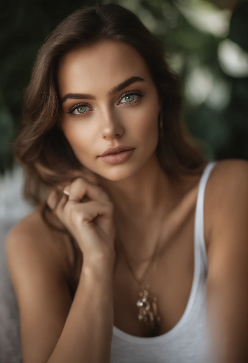 arafed woman with a white tank top and a necklace, sexy girl with green eyes, portrait sophie mudd, brown hair and large eyes, selfie of a young woman, bedroom eyes, violet myers, without makeup, natural makeup, looking directly at the camera, face with artgram, subtle makeup, stunning full body shot, piercing green eyes, beautiful angle, attractive pose, cute girl, sexy pose, full body picture, full body, full body shoot, brunette goddess, high detail, satisfied pose, leather pants, tanning on a yakht