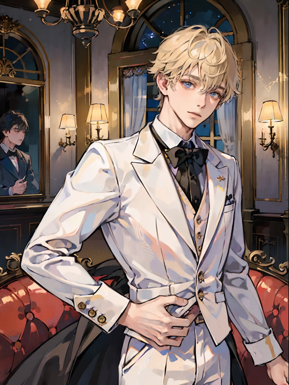 1boy,11 only、(Man's :2),(bobhair:1.5)、a blond、Bright tuxedo、Inside a luxurious Western-style building、Luxurious chandeliers、beautiful  lighting、hightquality、masutepiece,8K,hight resolution、
