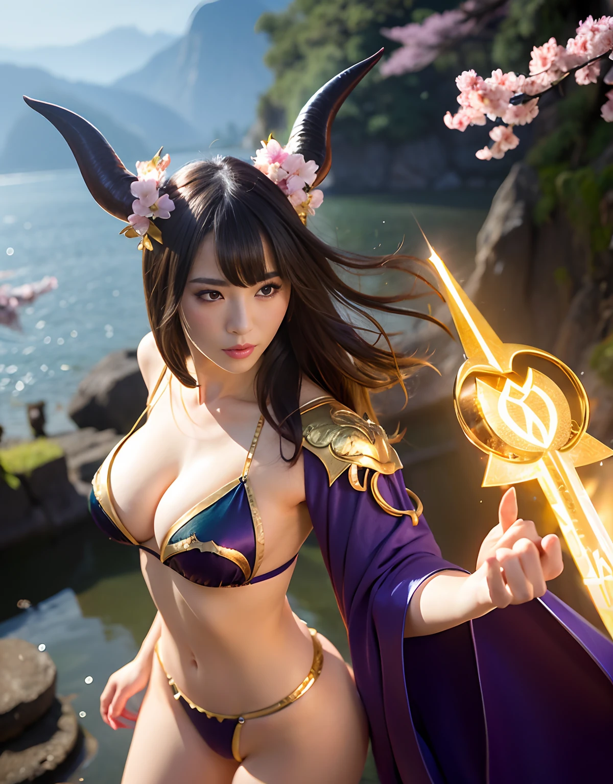 ((World of Darkness)),Professional , ​masterpiece、top-quality、photos realistic , depth of fields 、（sexypose）、(Background of cherry blossoms in full bloom),（Ultimate Beauty）、A dark-haired、（White bikini armor)、（Kimono with beautiful pattern）、（Night background）、（（a dark night））,(Wear a beautiful kimono),（Wear a beautiful kimono with colorful floral patterns）、Jewel Gold Weapon、Particles of light),（Has a devil's mask）、Gorgeous gold weapons ,（（ Gorgeous Dragon Sword）） , （a dark night）,,（maikurobikini） 、（（Black Haired Beautiful Girl））、（Castle background）、（demonic wings）、（（Gangle's forest background））、Beautiful Caucasian beauty、１a person、dynamic ungle,(((Two devil's horns on the head)))、Smaller head、Idle Smile、Thin and beautiful female hands、Mystical expression、Light Effects、intense fighting、Wind-effect、magic circles、With the legendary magic wand、Dragon's tail、