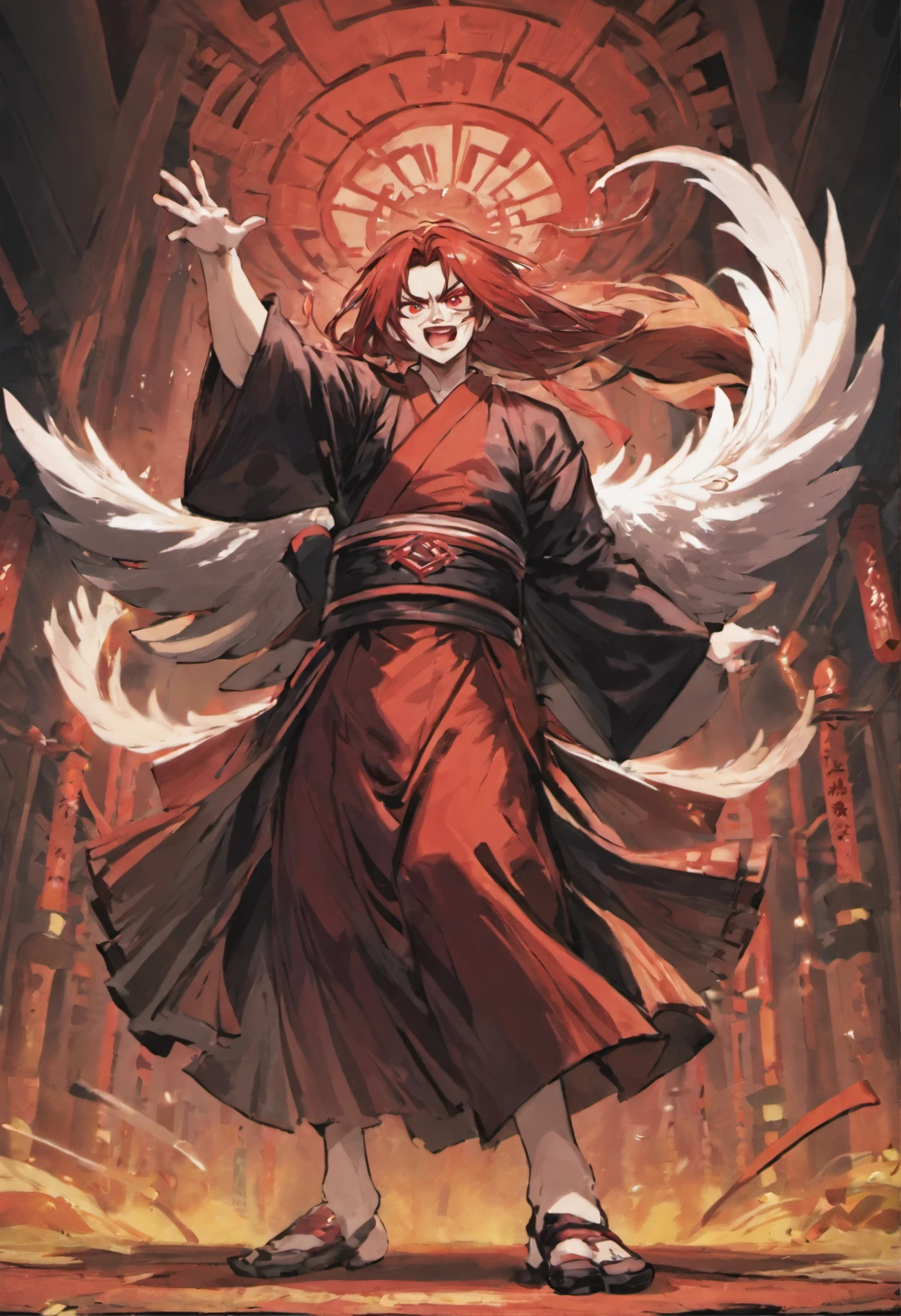 a cool,Cold,20代の男性,red hairs,The long-haired,Feathers on the back,wingspan,The lower half of the body is the legs of a bird,Straight long hair,Japanese dress,Monk,Decorative Japanese clothing,a cassock,haori,red eyes,smil,I have a tin cane,battleing,furred,nails are long,top-quality、(illustratio)、Background of Japan Shrine