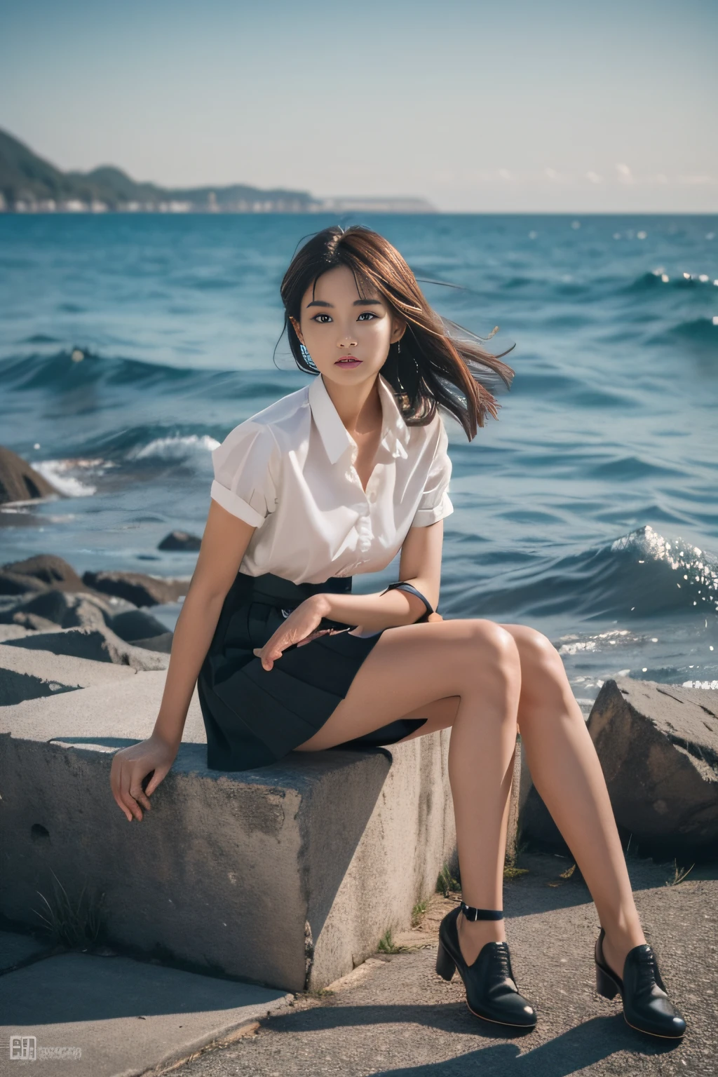 (full body Esbian:1.5),(1girll:1.3),(view the viewer:1.4),(anatomy correct:1.4),(Sitting by the sea:1.2),(Wear a short skirt:1.2),(Accurate and perfect face:1.3),(Long legs:1.3),hyper HD, Ray traching, reflective light, Structurally correct, awardwinning, high detailing, Shadow contrast between fade in and fade out, Face lighting ,Cinematic lighting, masutepiece, super detailing, High quality, high detailing, Best Quality, K,High contrast,