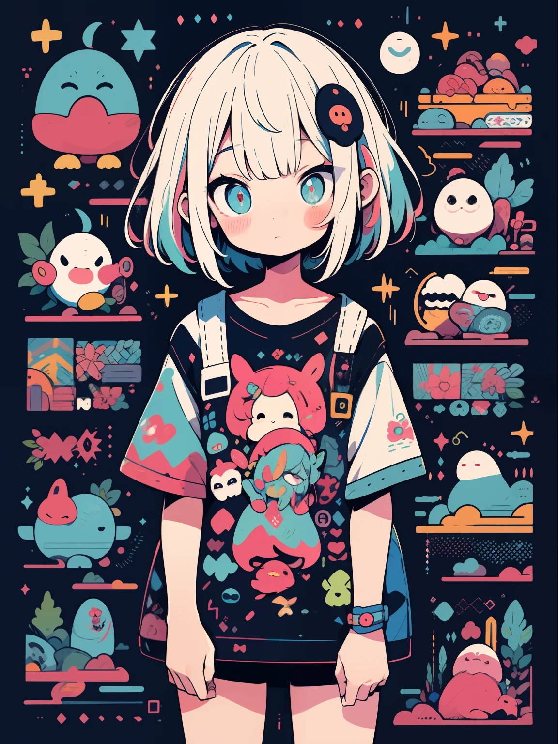 alta qualidade、Paleta de cores neon、High-level image quality、kawaii ******、Unprecedented number of draws、Estilo anime、Geometric pattern background、estilo de adesivo、short hair、cabelos escuros、olhos castanhos, Menhera, titles, roupas largas, Camiseta Baggy, self-harm, Guro, Escuro, deprimido, bolsas oculares, olhos pesados, olhos escuros, sangue, assustador, Eroguro, olheiras, Neon light, eye strain, falha, retro, assustador,