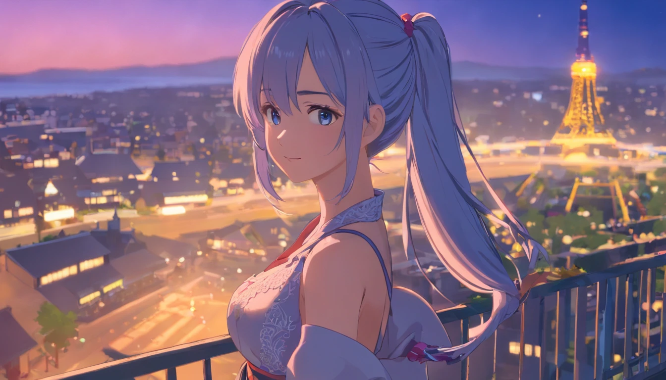 Best quality at best,tmasterpiece,The is very detailed,Face details,8K, detailed back ground,1girll,独奏,Silver hair,eBlue eyes,pigtails,long whitr hair,wavey hair,voluminous hair,pony tails,french braid,Blushlush,ssmile,Shawl,Chinese city,lace-trim,Big breasts corset,the night,themoon,scenecy,high place,horizon,ventania,wind blown,flowerbed,looking at viewert