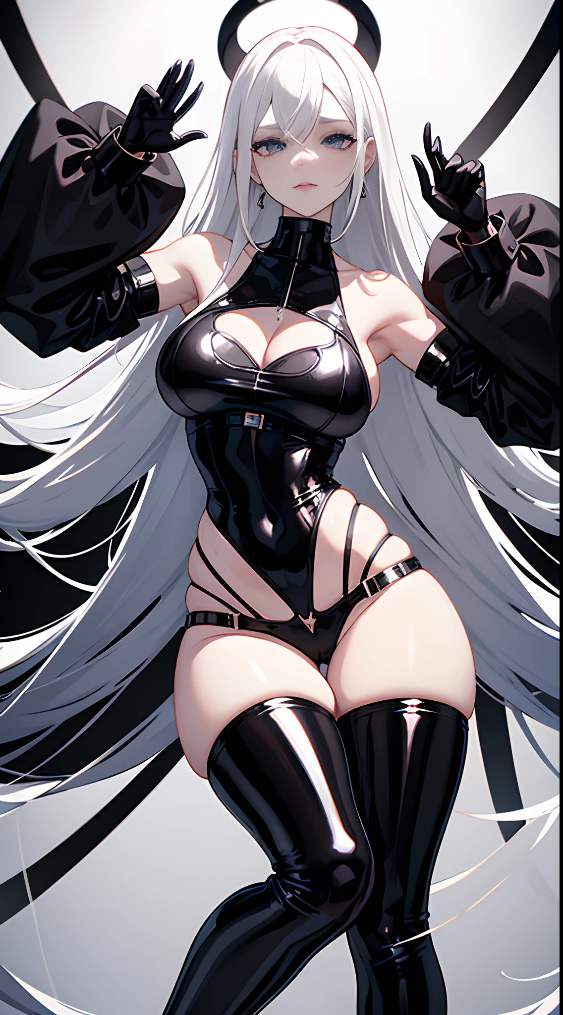White hair,Black colored eyes,Pale skin,latex glove,Latex leather pants,Black high-heeled boots,smug expression,Crossed waist with one hand,angelicales,Expose the armpits,Shoulders exposed,exposing your navel,exposing thighs