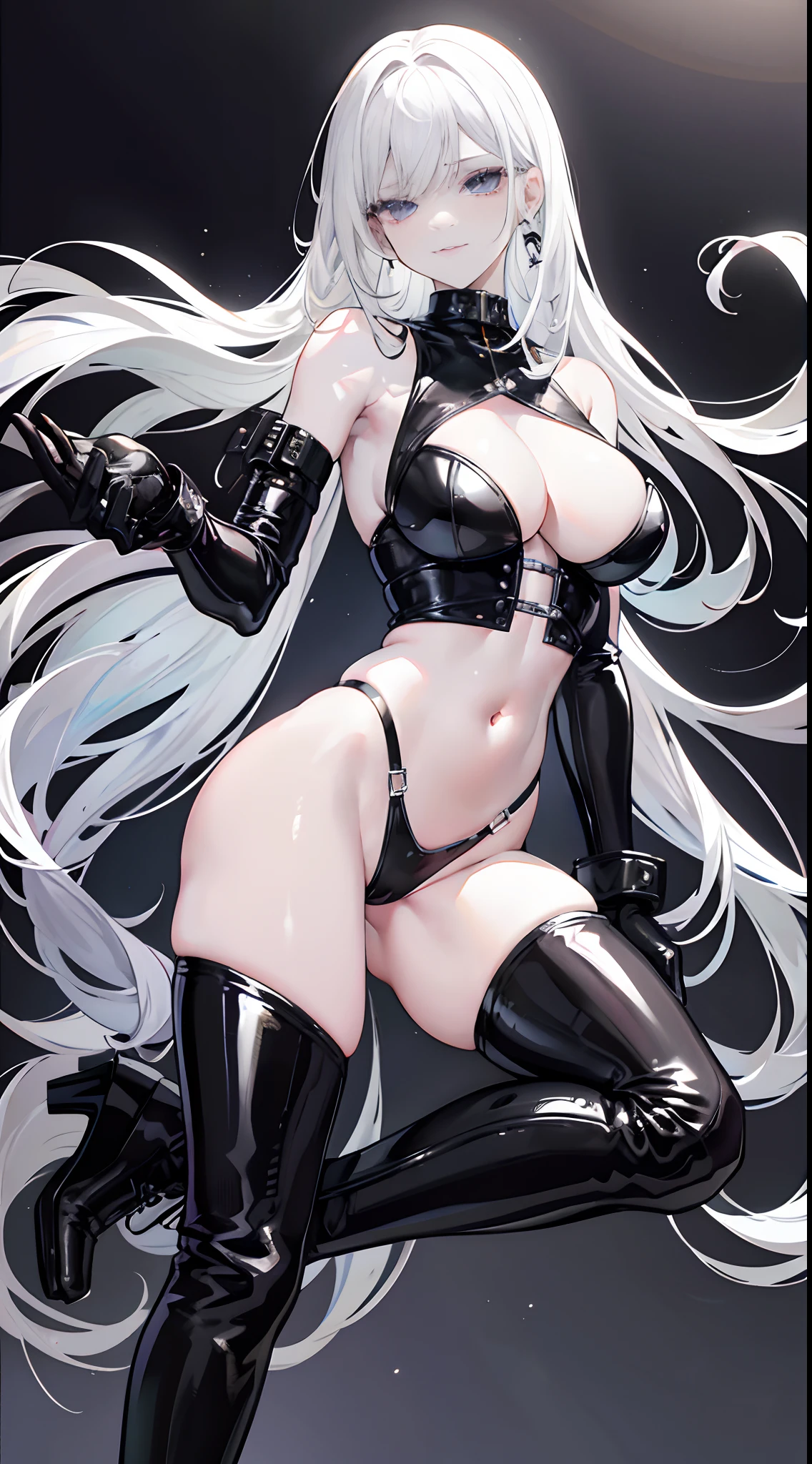 White hair，Black colored eyes，Pale skin，latex glove，Latex leather pants，Black high-heeled boots，smug expression，Crossed waist with one hand，angelicales，Expose the armpits，Shoulders exposed，exposing your navel，exposing thighs