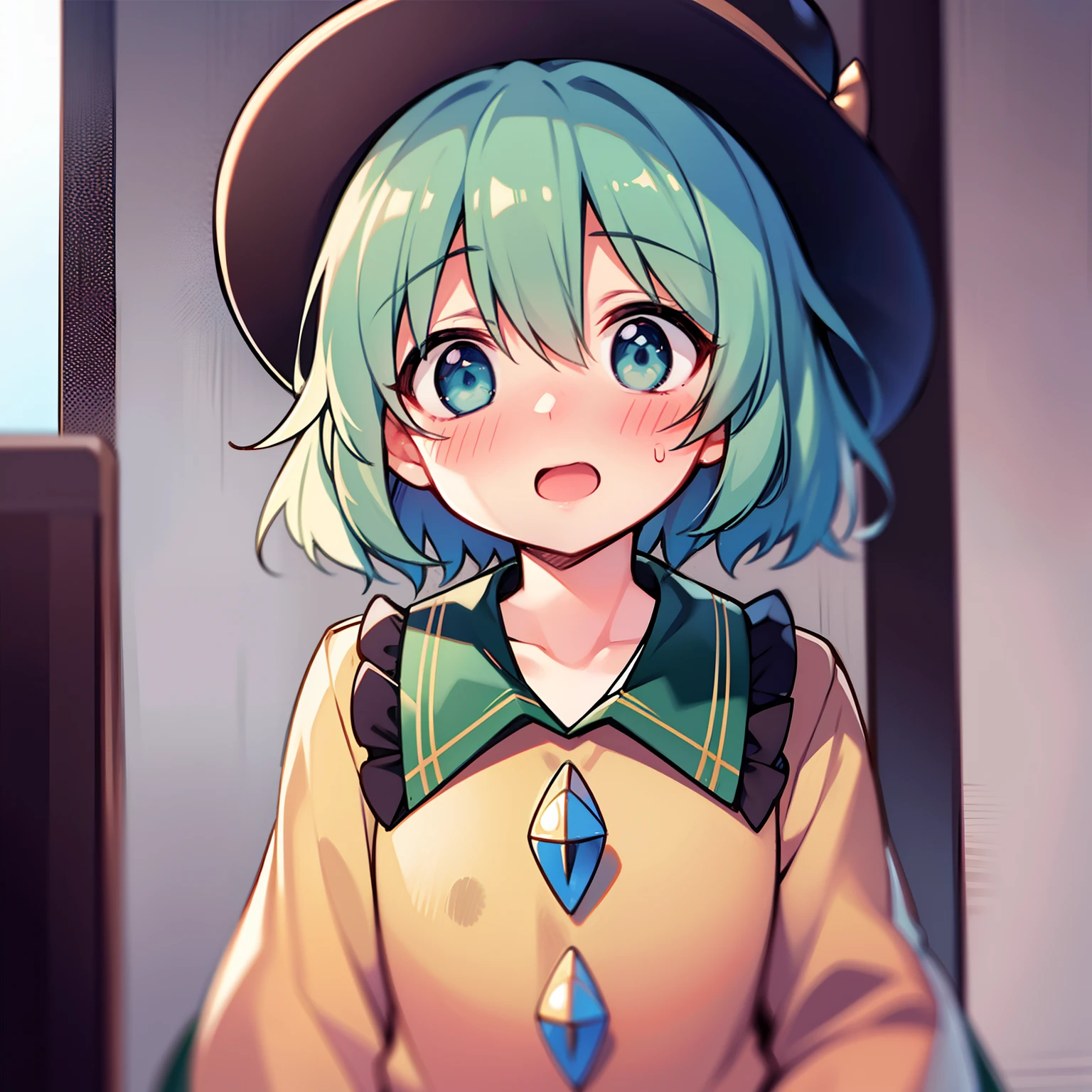komeiji koishi,close range, Petite, blushed face、suprised,Open mouth、short-hair、staring directly at camera