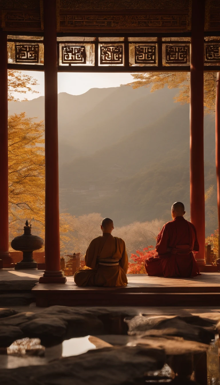 Quaint Han Dynasty style temple,Monks meditate in front of the monastery(closeup cleavage),Sit down and meditate,Practice Zen,pagoda,grassy,tree,florals,The bird,Autumn view,the setting sun,chinse landscape,(8k wallpaper),(light and shadow effect),rendering by octane,White balance design,Extremely detailed picture depiction,wide angles,depth of fields,tmasterpiece,realisticlying,Beautifully depicted,A detailed,acurate,Works of masters,tmasterpiece