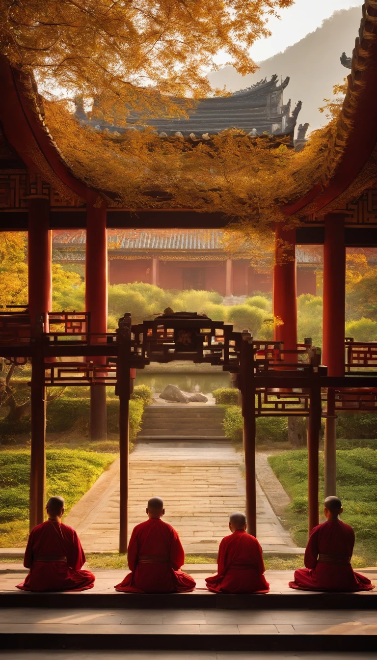 Quaint Han Dynasty style temple,Monks meditate in front of the monastery(closeup cleavage),Sit down and meditate,Practice Zen,pagoda,grassy,tree,florals,The bird,Autumn view,the setting sun,chinse landscape,(8k wallpaper),(light and shadow effect),rendering by octane,White balance design,Extremely detailed picture depiction,wide angles,depth of fields,tmasterpiece,realisticlying,Beautifully depicted,A detailed,acurate,Works of masters,tmasterpiece