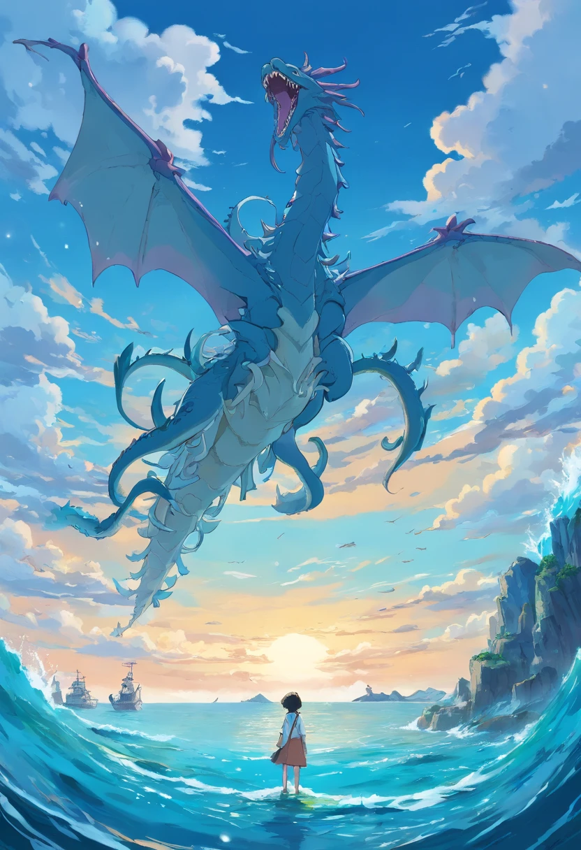Huge sea beast bones sank into the sea，Sea Islands，Wyvern of the sky，Overlooking the perspective