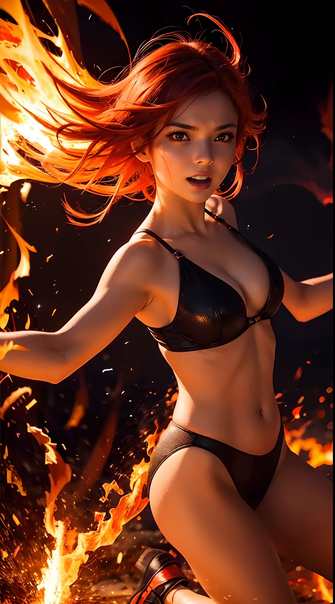 Girl playing with fire, ablaze with intensity, Glowing embers, Swirling smoke, Mesmerizing action, Flowing red hair, sparks flying, Fearless expression, Dark background, Intense lighting, Fiery atmosphere, dynamicposes, Dangerous beauty, Fascinating energy, Burning passion, Thrilling suspense, intense heat, Scorching flame, dramatic contrast, Smoky veil, fiery glow, Enchanting dance, Strong presence, Flashing shadows, Fiery artwork, Vibrant colors, blazing infero, Hypnotic flame, daring adventure, Her eyes shone with a blazing light, Heat waves, Glowing embers fall, Exhilarating performance, Blazing sparks in the night, adrenaline rush, Radiant warmth, Breathtaking spectacle, Raw intensity, Fiery passion is unleashed.