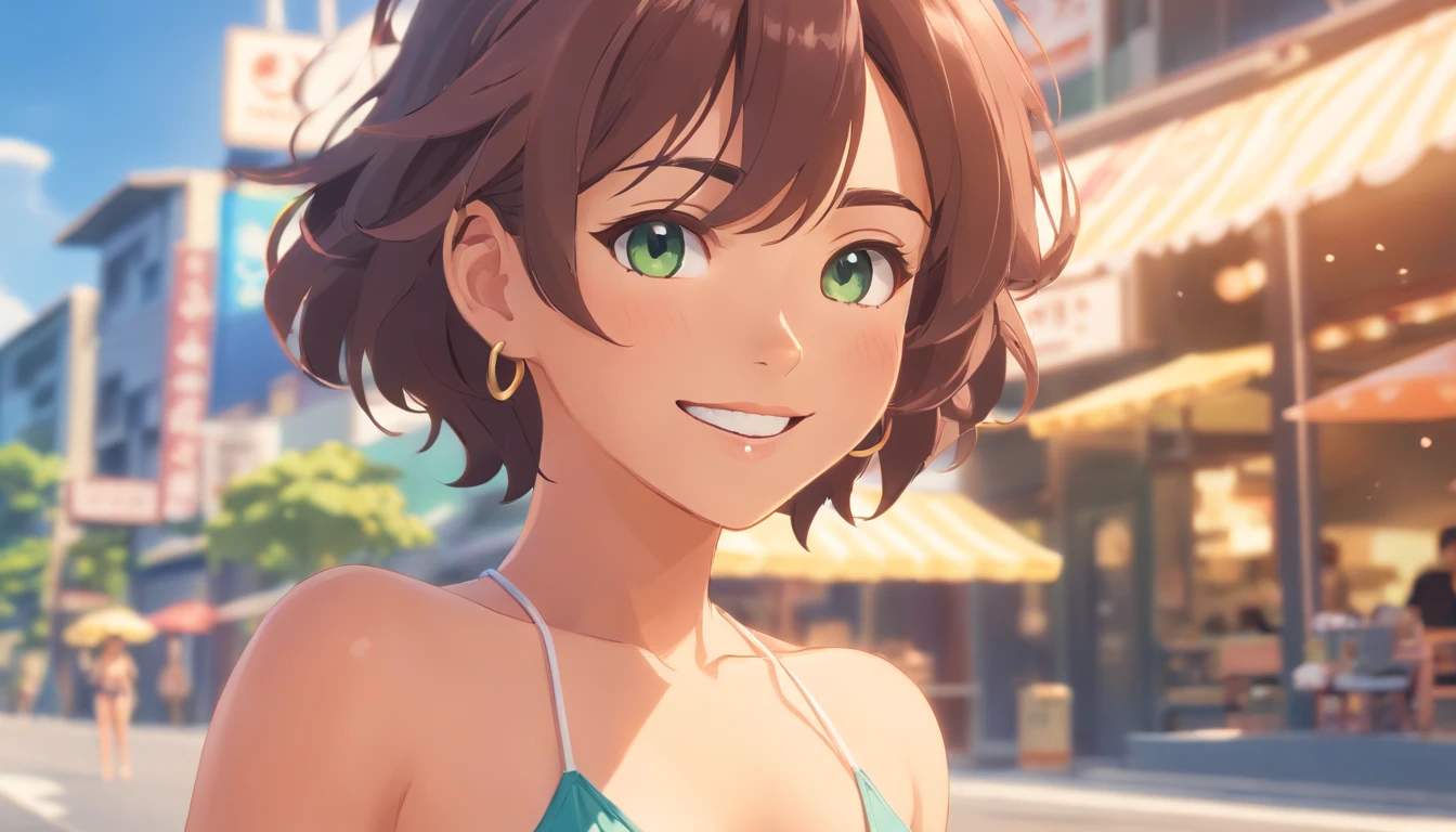 REALISTIC POTRAIT OF A WOMEN SHOT WITH TILT SHIFT LENS , TAHITI ISALAND WOMEN, CURVY BUT FIT WOMEN , CURLY HAIRS , SHINY SKINS , BEAUTIFUL EYES , FASHION PATTERN BIKINI, BIKINI POSE , GOLDENHOUR LIGHTING , WHITE TEETH SMILING , FULL POSE