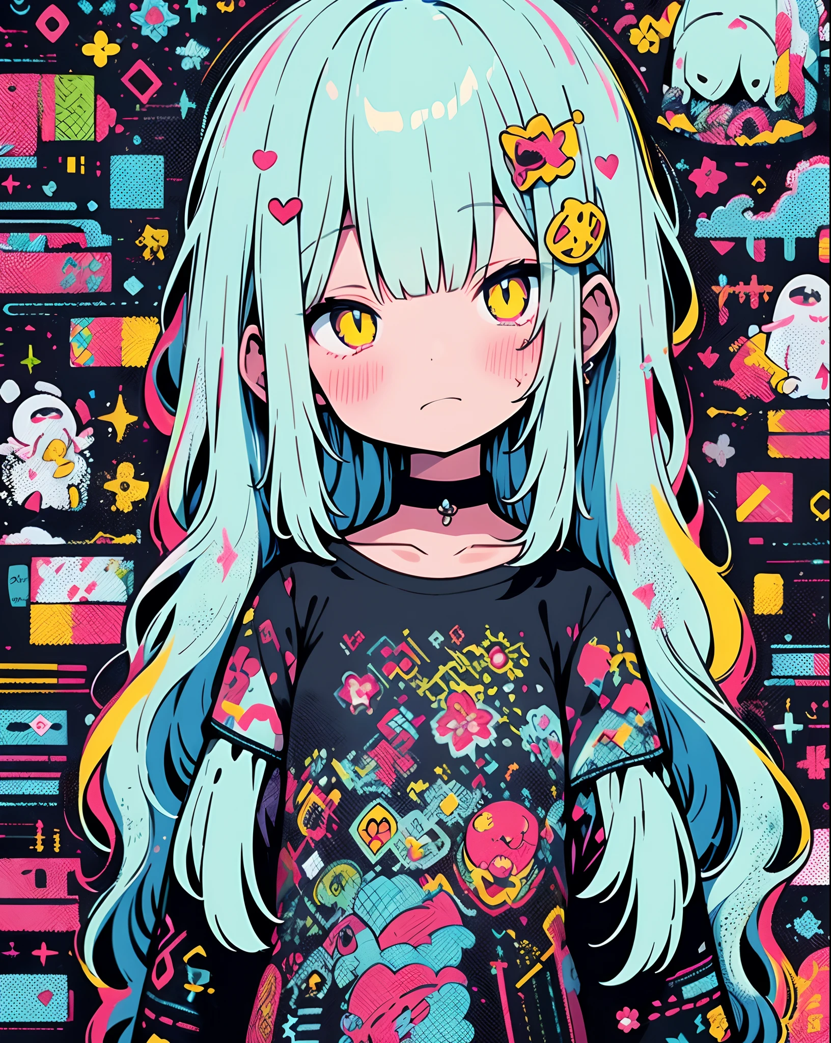 alta qualidade、Neon color palette、High-level image quality、kawaii menina、Unprecedented number of draws、estilo anime、Geometric pattern background、estilo de adesivo、cabelos longos、cabelos pretos、olhos vermelhos, heart-shaped shaped pupils, cabelos ondulados, Menhera, roupas largas, vestido preto, Heart-shaped red neckline, self-harm, Guro, Escuro, Olhos escuros, sangue, assustador, EroGuro, chifres do diabo, Olheiras, neon light, eye strain, bubble tea, Falha, retro, assustador, Demon, globo ocular, ghost, horror, ensanguentado, sangue colorido, Falha