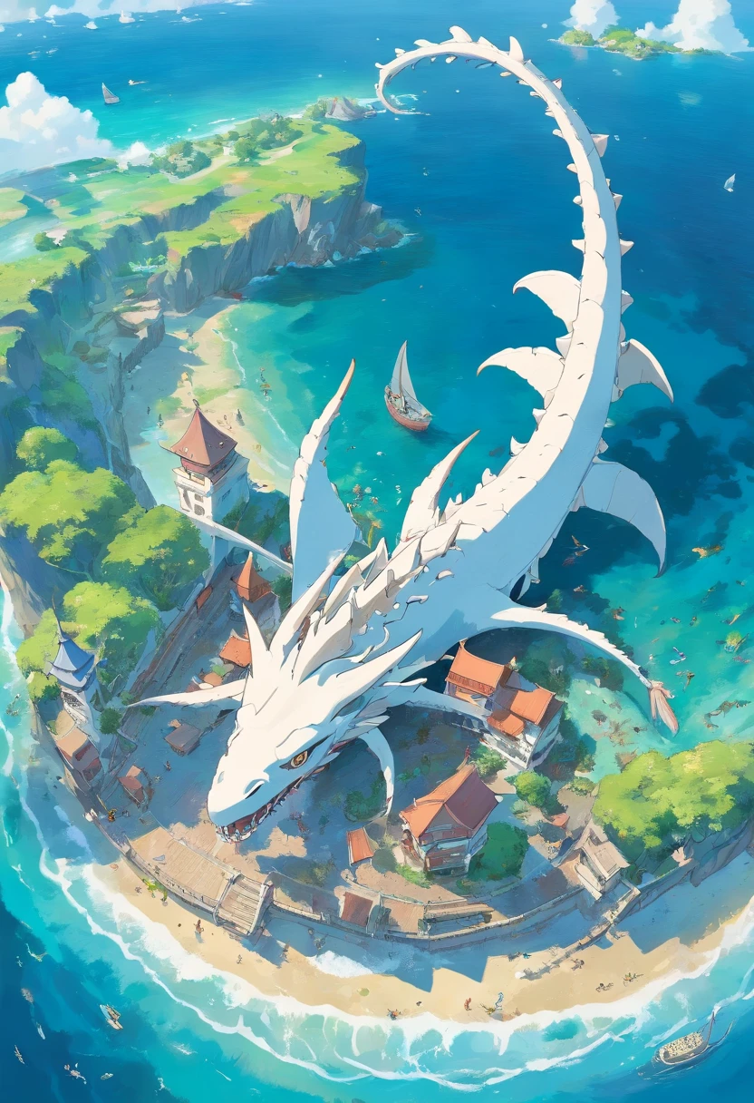 Huge sea beast bones sank into the sea，Sea Islands，Wyvern of the sky，Bird's eye view