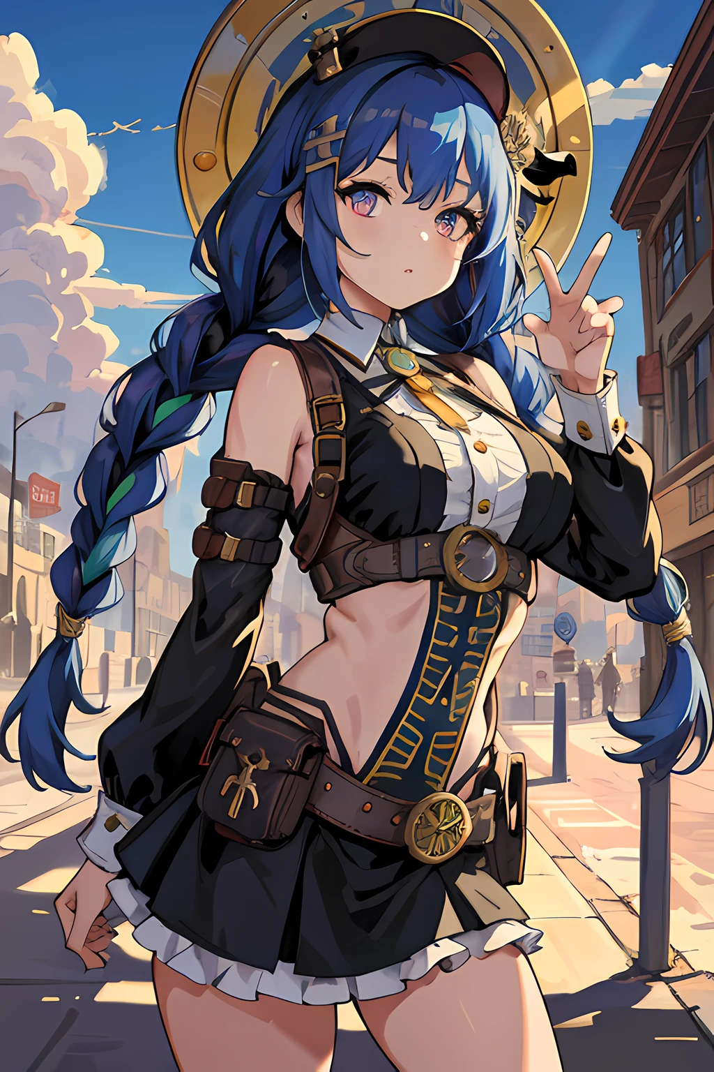 (best quality, masterpiece), 1girl, blue hair, braids, steampunk, gears, skirt, cutout above navel, small breasts, cloudy sky, sexy, tight