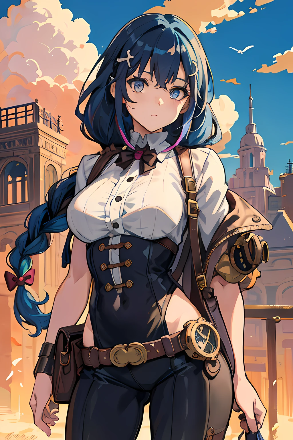 masterpiece, best quality, official art, illustration, ligne claire, highres, absurdres, ultra-detailed, 8k, 1girl, blue hair, violett hair, long hair, braids, looking at viewer over shoulder, kintsugi, colorful eyes, colorful steampunk outfit, (steampunk city background:1.10), brilliant colorful clouds, bloom, portrait, cross hair ornament, waist bag, dynamic pose, shadow, reflection