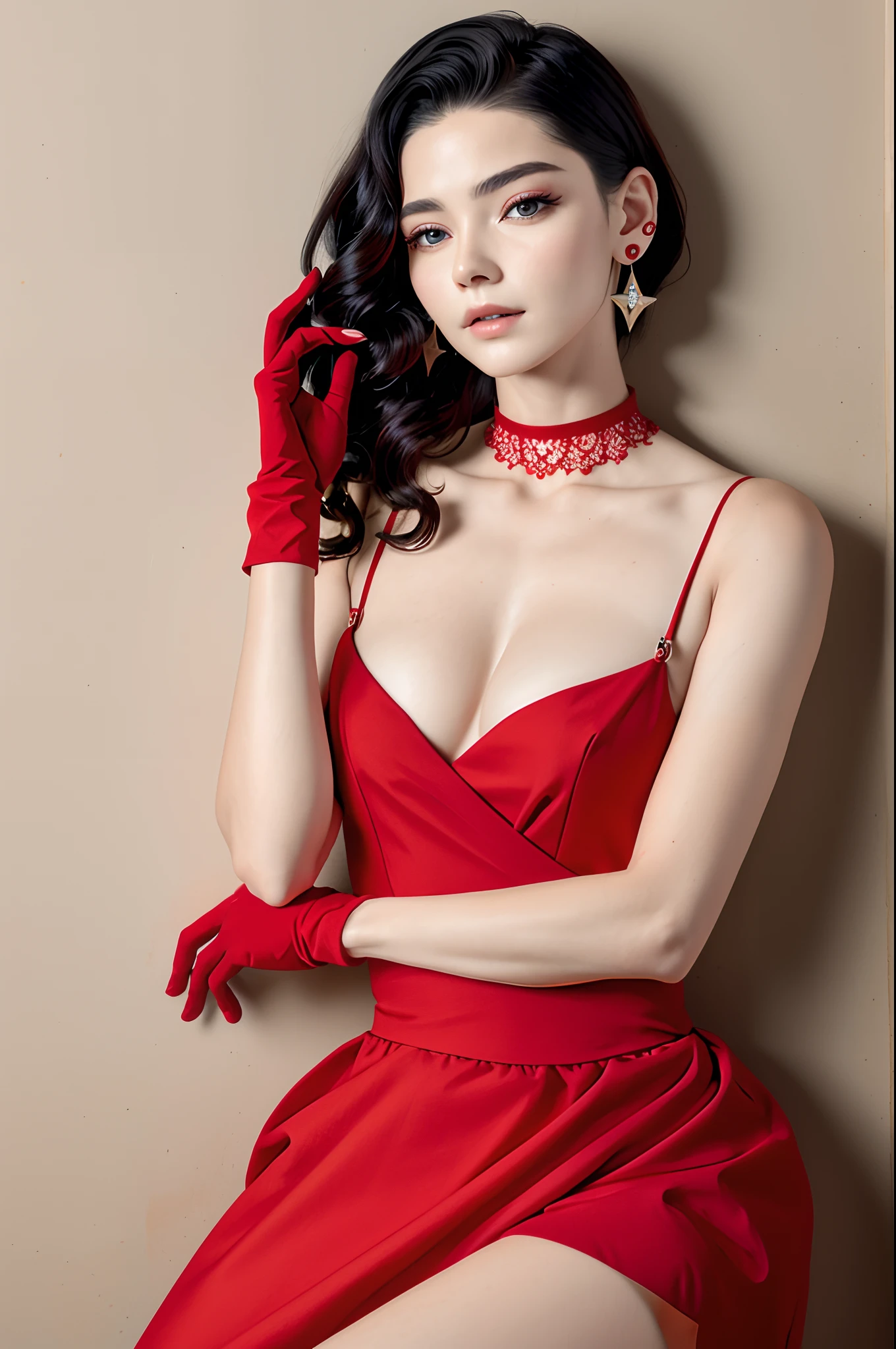 high quality, masterpiece, color photo, 1female, 20 years female, american woman, pierced earrings, front face, red dress, nylon short gloves, photo pose, no nails, choker, accessory