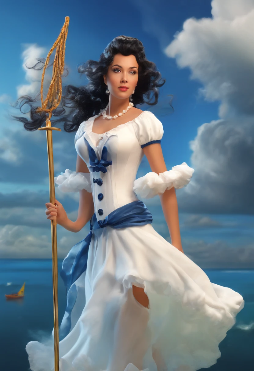 coming down Rt. 66 before a big storm, nostalgic, annual lighting display, cumulonimbus, volumetric lighting, big sky, a beautiful witch woman with a balck hair & pony tail, holding with a broom, flying in the sky,🌍 8k