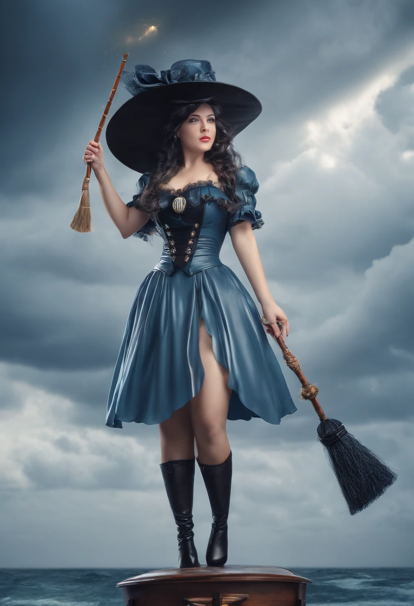 coming down Rt. 66 before a big storm, nostalgic, annual lighting display, cumulonimbus, volumetric lighting, big sky, a beautiful witch woman with a balck hair & pony tail, holding with a broom, flying in the sky,🌍 8k