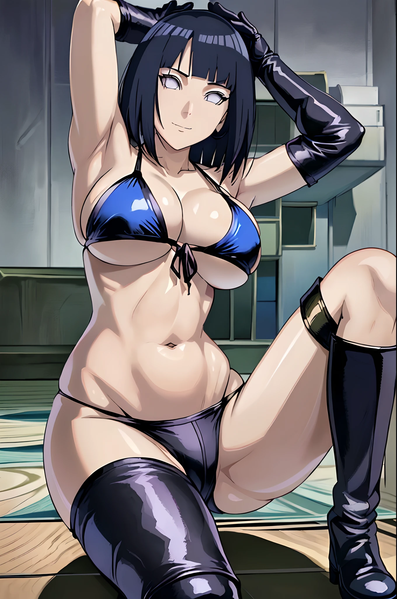 (4k, no angle view, portrait, best quality, cowboy shot), (ultra detailed body, curvy), ((solo, 1 girl)), anime style, hires, ((white background)), (hinata\(boruto\), (female wrestler), (slender body, broad shoulders), (mature woman, milf), (black bikini, micro bikini, ultra detailed pro wrestling gear, long gloves, long boots), (extremely gorgeous), (tilt head, seductive look, ((seductive pose, armpit, stretching)), seductive face, seductive expression, (sexy expression), smile, closed mouth), (pale skin, shiny skin, lighting and shadow), (dark blue hair color:1.1), wavy hair, ((short hair, hime cut), big breasts, ((detailed arm curves)), (long belly), (very seductive)