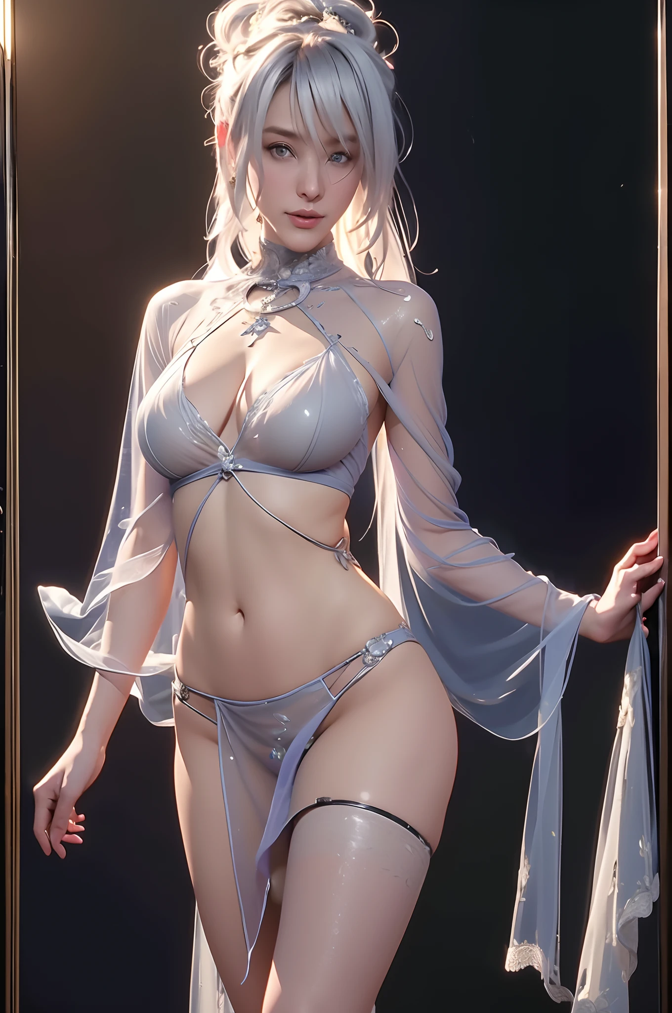 ((Masterpiece)), ((Best quality)), ((A high resolution)), ((Detailed background)), ((Extremely detailed Cg Unity 8K wallpaper)),((Naked, Sheer clothes,Pubic hair,see-through body)), (Raised ,Bigchest,A sexy pose:1.4), Salt name, White hair, Long hair tied up, Blue eyes, Red lips,Women's office clothes,Extremely detailed CG unified 8K wallpaper, Highly detailed, High-definition RAW color photo, professional photoshooting, Realistic portrait