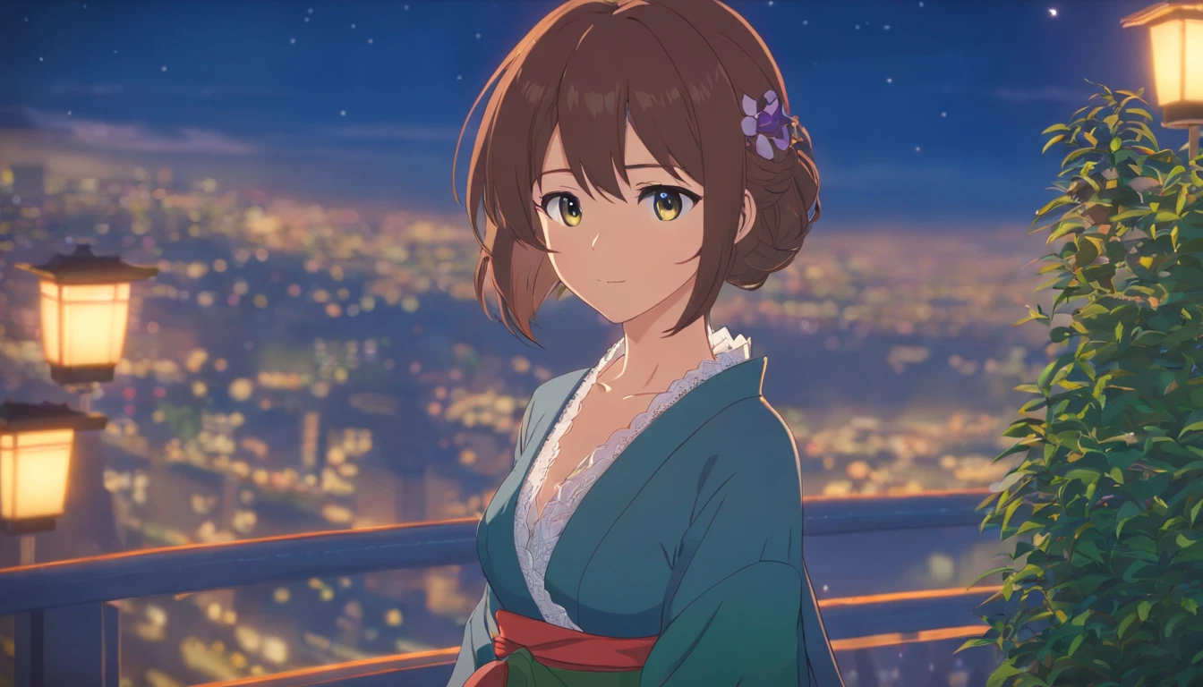 Best quality at best,tmasterpiece,The is very detailed,Face details,8K, detailed back ground,1girll,独奏,long whitr hair,,french braid,Blushlush,ssmile,Shawl,Chinese city,lace-trim,Big breasts corset,the night,themoon,scenecy,high place,horizon,ventania,wind blown,flowerbed,looking at viewert