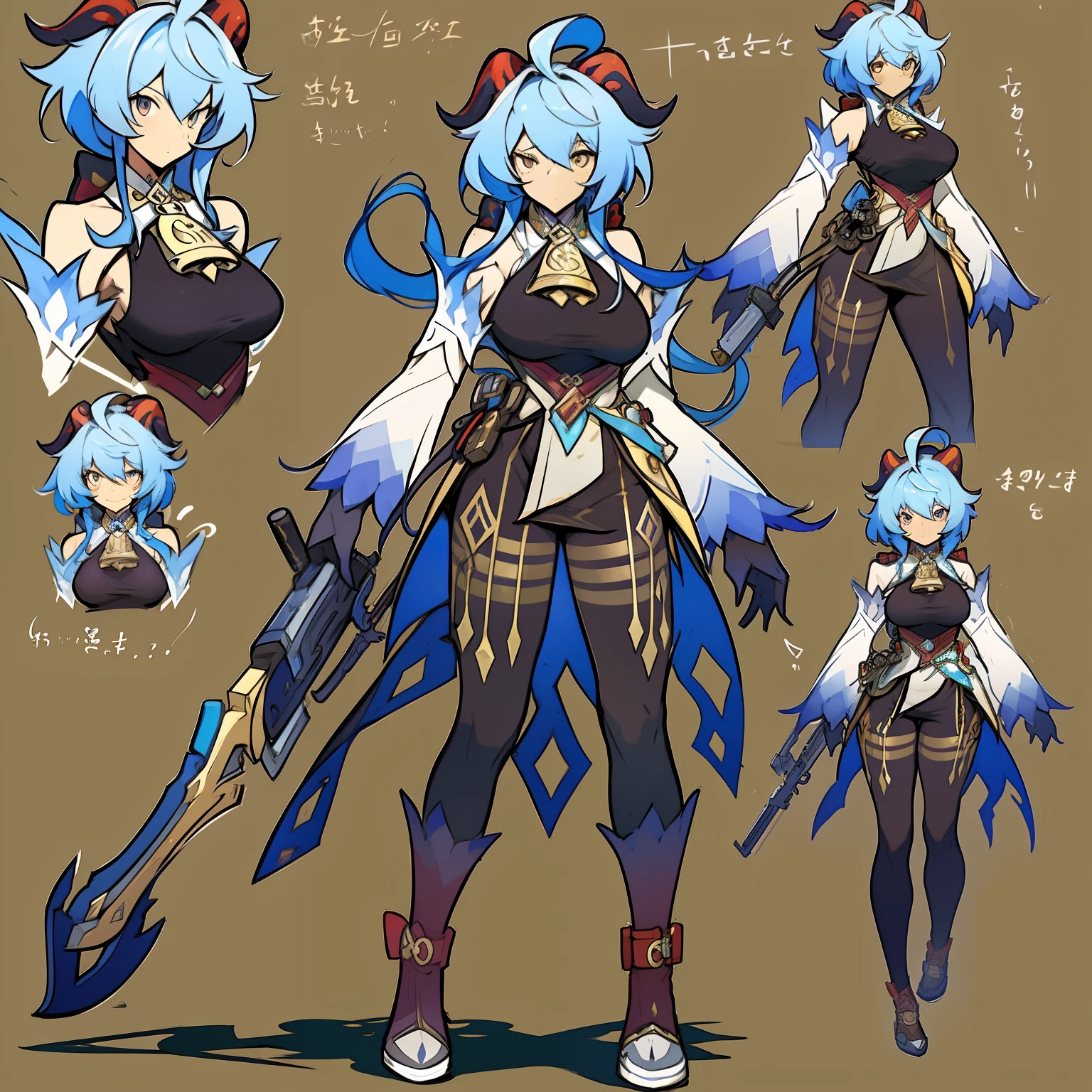 Close-up of a young woman holding a big sword, ((Character concept art)), ((Character design sheet, Same character..., Front, side, back)) Maple Story Character Art, Video Game Character Design, Video Game Character Design, Maple Girl Gun Story, Highly detailed concept art from experts, Metal bullet art concept, Funny character design, Lucio is a woman..., Gravity Rush Inspiration, Tar clay. Concept Art, Buckle at waist, Steampunk Weapons,