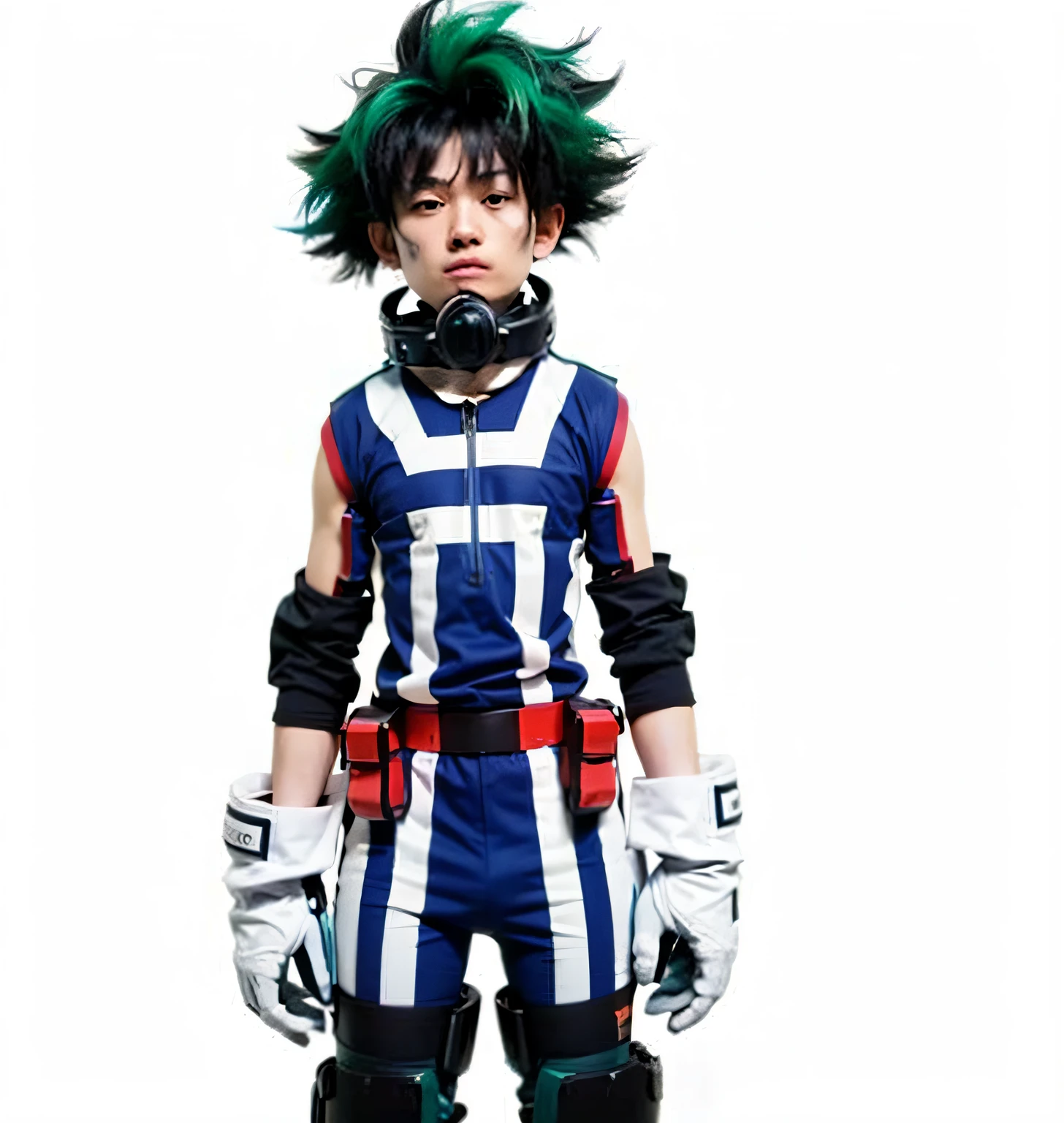 an asian man with green hair with big white gloves in his hands, ultra realistic, high quality, detailed face