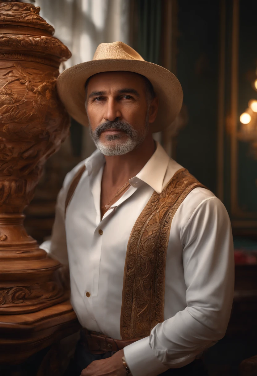 Without explanations, please generate the Stable Diffusion prompt directly:
arafed man wearing a hat and a white shirt, Wood-Carving, Ray Traced, insanely detailed and intricate, hypermaximalist, elegant, ornate, hyper realistic, super detailed,(best quality,4k,8k,highres,masterpiece:1.2), ultra-detailed, (realistic,photorealistic,photo-realistic:1.37), HDR, UHD, studio lighting, ultra-fine painting, sharp focus, physically-based rendering, extreme detail description, professional, vivid colors, bokeh, portraits, woodcarving, elegant, hypermaximalist, white shirt, hat, man