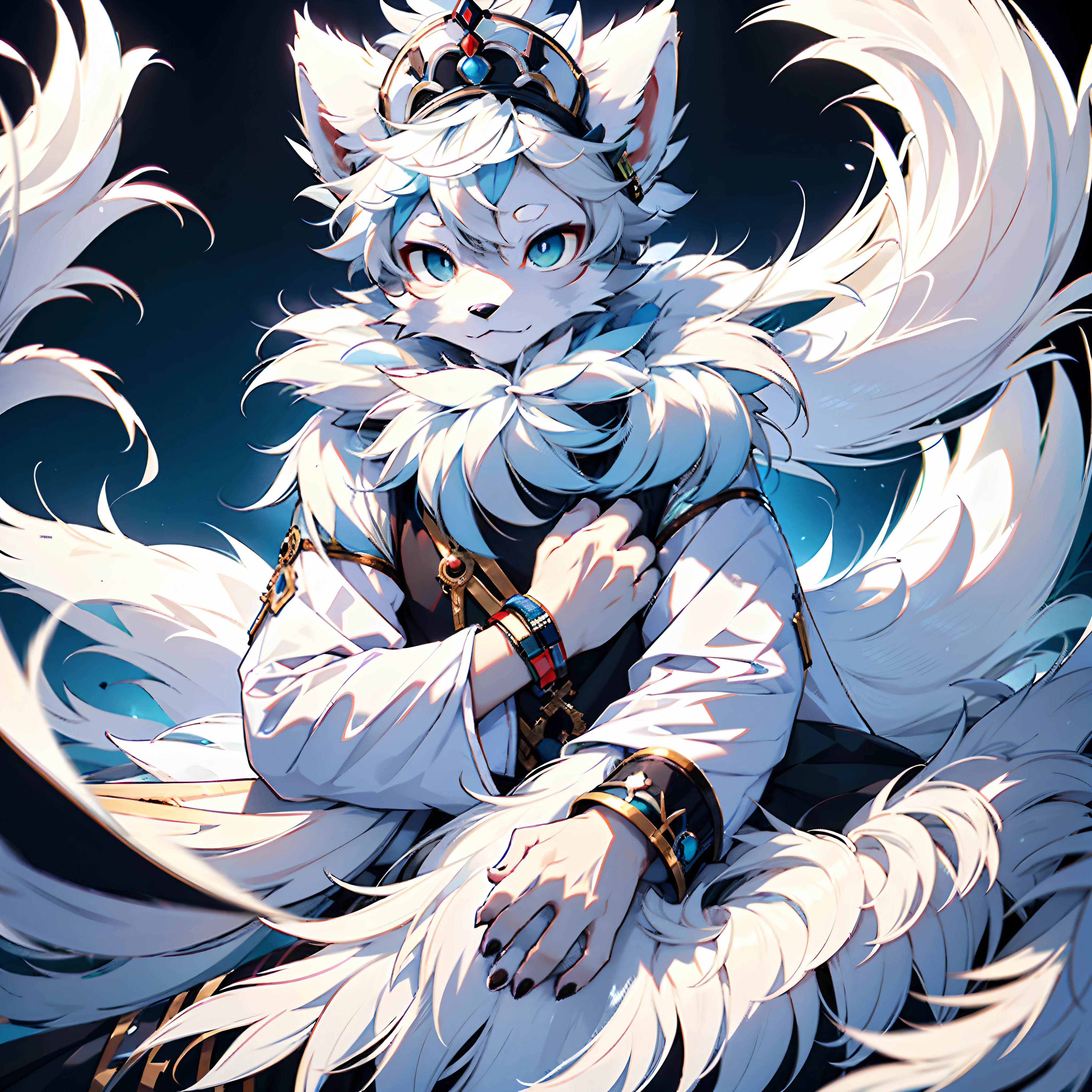 furry,shaggy,White fur,male people,canid,arctic fox,solo person,sharp talons,White fur, blue colored eyes,Fluffy tail,nakeness,ultra - detailed:1.0,Sleep in the bedroom