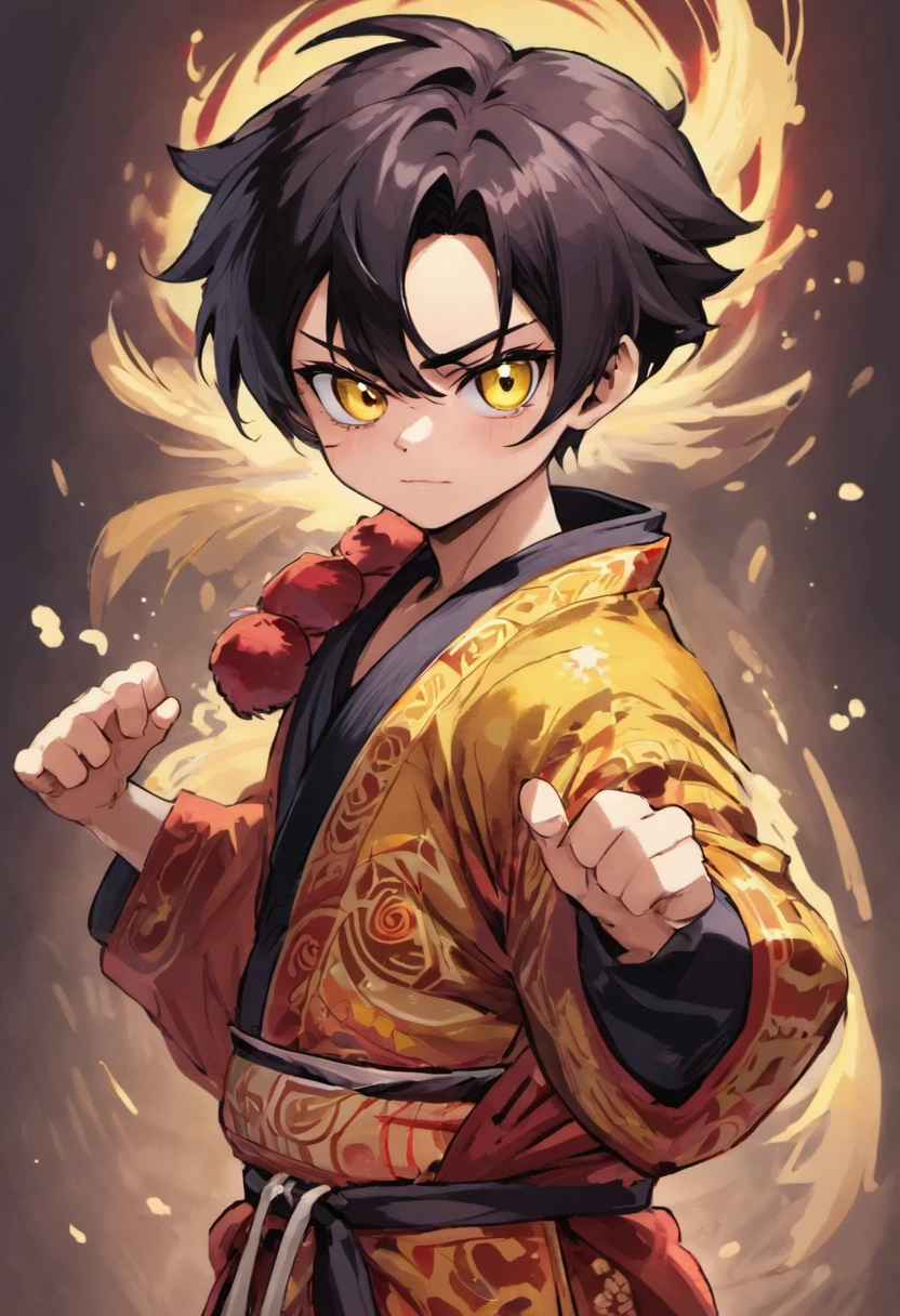 a cool,Move ki,20代の男性,With manly black hair,short-haired,big ears,The body is covered with fur,Torn kimono,Decorative collar,tusk,yellow eyes,sharp big eyes,Rampaging figure,battleing,furred,Muscular masterpieces、well-muscled,Disheveled clothes,top-quality、(illustratio)