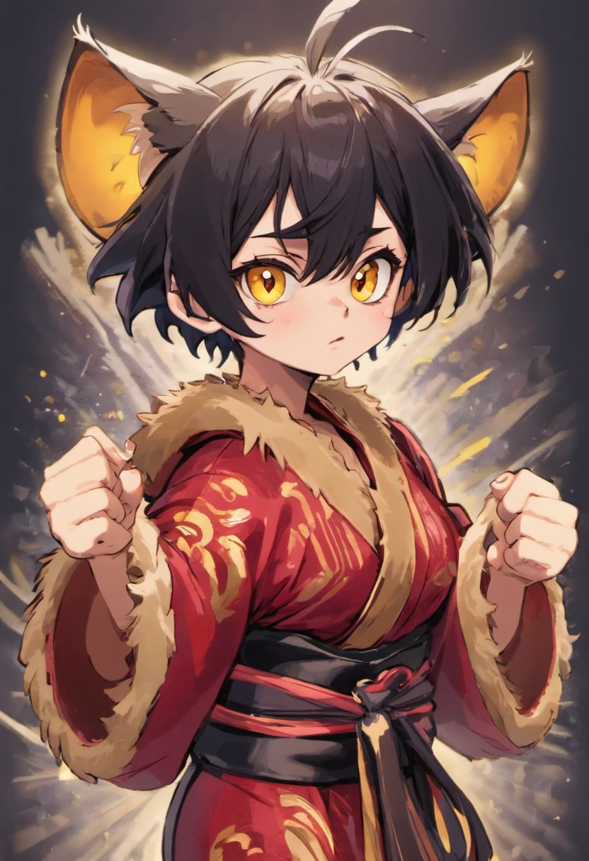 a cool,Move ki,20代の男性,With manly black hair,short-haired,big ears,The body is covered with fur,Torn kimono,Decorative collar,tusk,yellow eyes,sharp big eyes,Rampaging figure,battleing,furred,Muscular masterpieces、well-muscled,Disheveled clothes,top-quality、(illustratio)