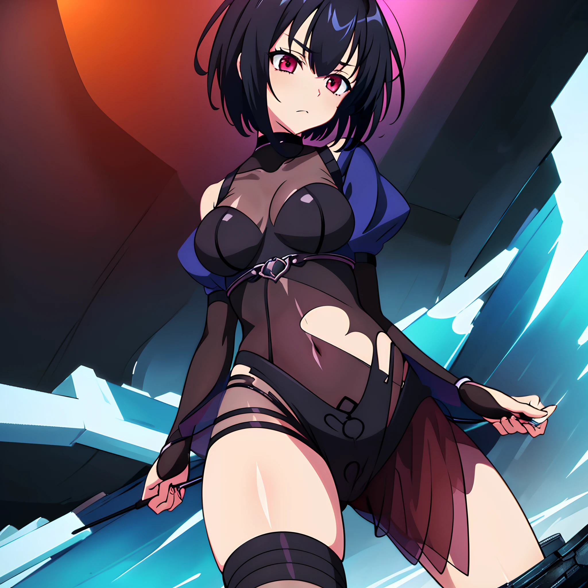 Masterpiece, best quality, aberrant colours, 1 girl, solo, (dim_lighting:1.3), far away view, (zoomed_out:1.3), shoulder look, long open outfit over blue blouse, loose short hair, black hair, glowing red eyes, dark colours, standing atop a high cliff, corrupted