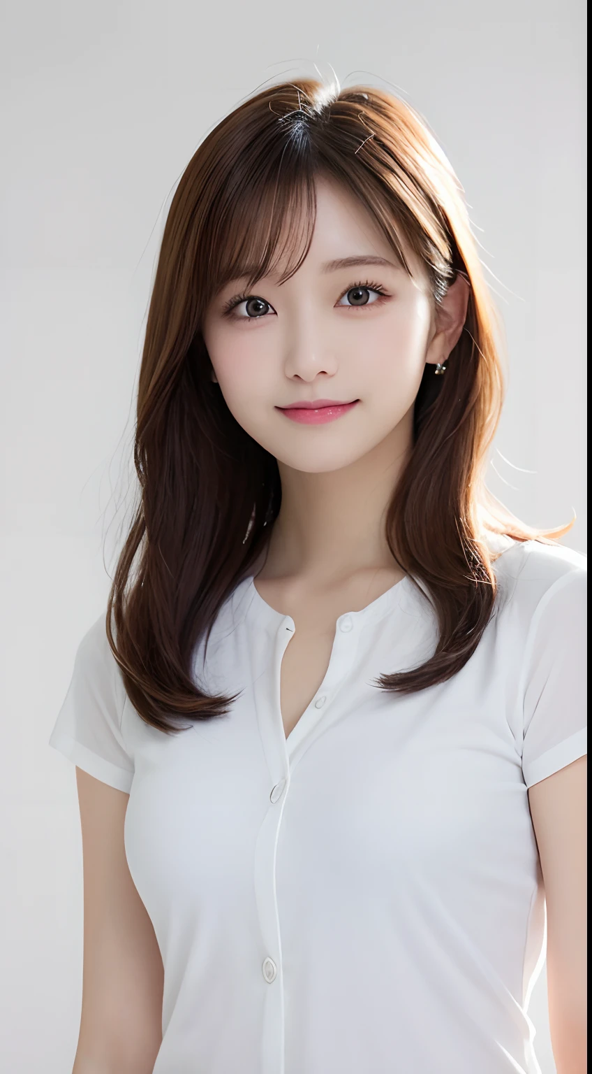 masutepiece, Best Quality, Illustration, Ultra-detailed, finely detail, hight resolution, 8K Wallpaper, Perfect dynamic composition, Beautiful detailed eyes, doress,Medium Hair, mid-chest, Natural Color Lip, Random and sexy poses,Smile,Osaka，20 years girl，Cute white shirt white background