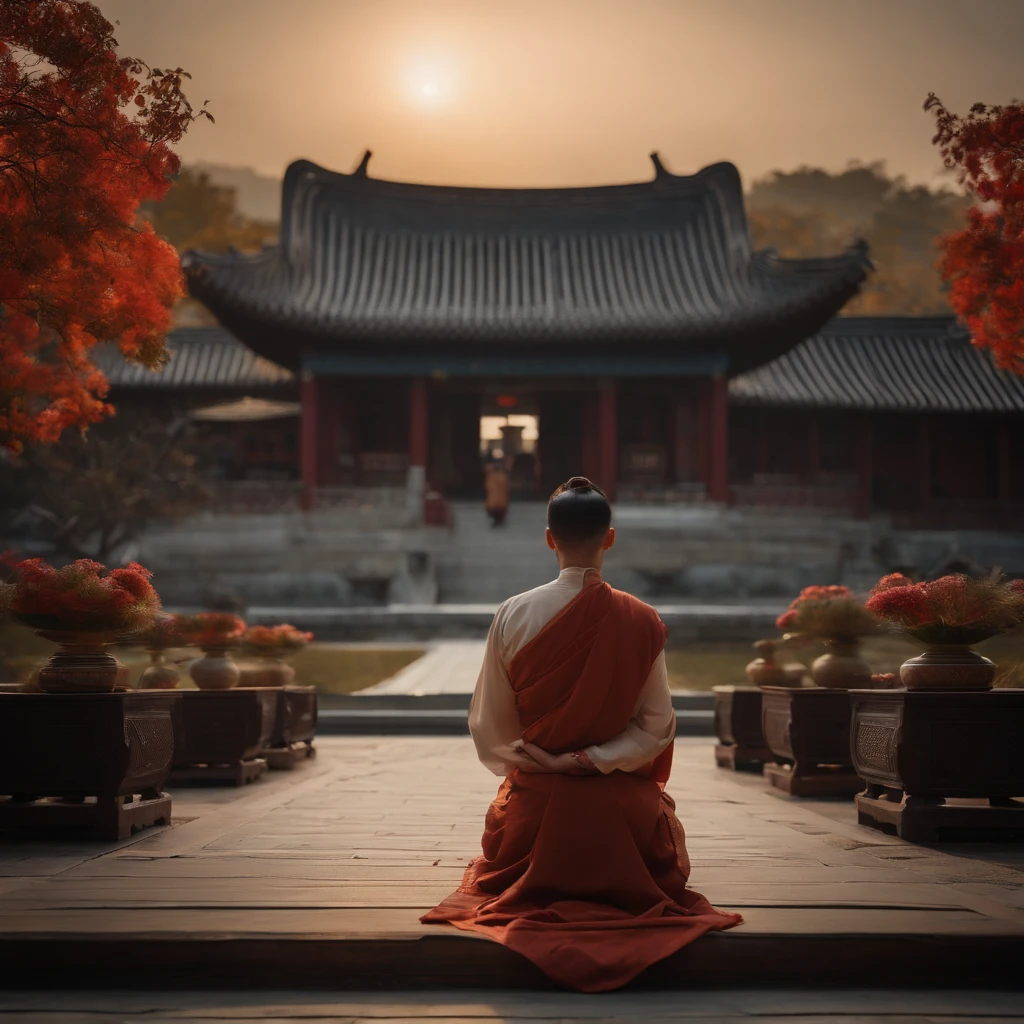 Quaint Han Dynasty style temple，Monks meditate in front of the monastery（closeup cleavage），Sit down and meditate，Practice Zen，pagoda，grassy，tree，florals，The bird，Autumn view，the setting sun，chinse landscape，（8k wallpaper），（light and shadow effect），White balance design，Extremely detailed depiction，Beautifully depicted，acurate，Works of masters，tmasterpiece，Nightmare vision，Dark fantasy plot，Perfect and excellent composition，8K分辨率，the detail，limitations，Close-up ultra-wide angle shot，realisticlying，stunning skies,Colorful clouds float，true to life, Pubic area is clear, flawless perfection, Digital SLR, 1024, 2048, 4096, A detailed, Sharp, best qualtiy, high qulity, absurderes，unmanned background，The is very detailed、Detailed lighting shadows，Trends on ArtStation、iintricate、high detal、dramatics、（Volumetriclighting：1.2）hdr shot。（Close-up，Super deep view，ultra-wide-angle，Microfocal length lens：1.2）（realisticlying：1.4）tmasterpiece、high high quality、Beautiful photography，globalillumination