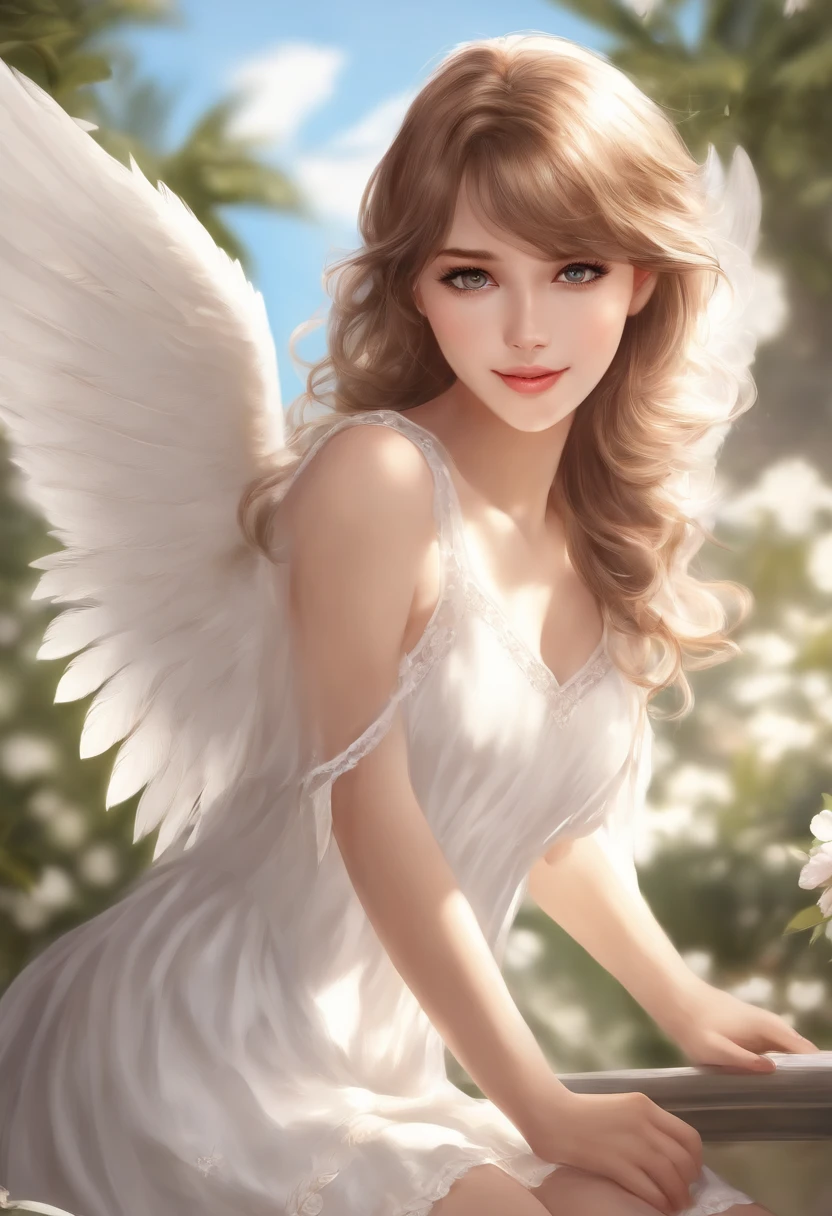 high resolution, best quality, masterpiece, ultra high definition, ultra high definition, ultra realistic, 3d, anime, illustration, solo, very beautiful and cute woman in her twenties, she wears a light white floral miniskirt length dress and flutters her wings, her hair is moving, full body, wonderful perfect proportions, shiny light brown medium hair, high layer cut, mullet hairstyle, bright blue eyes, happy, shy