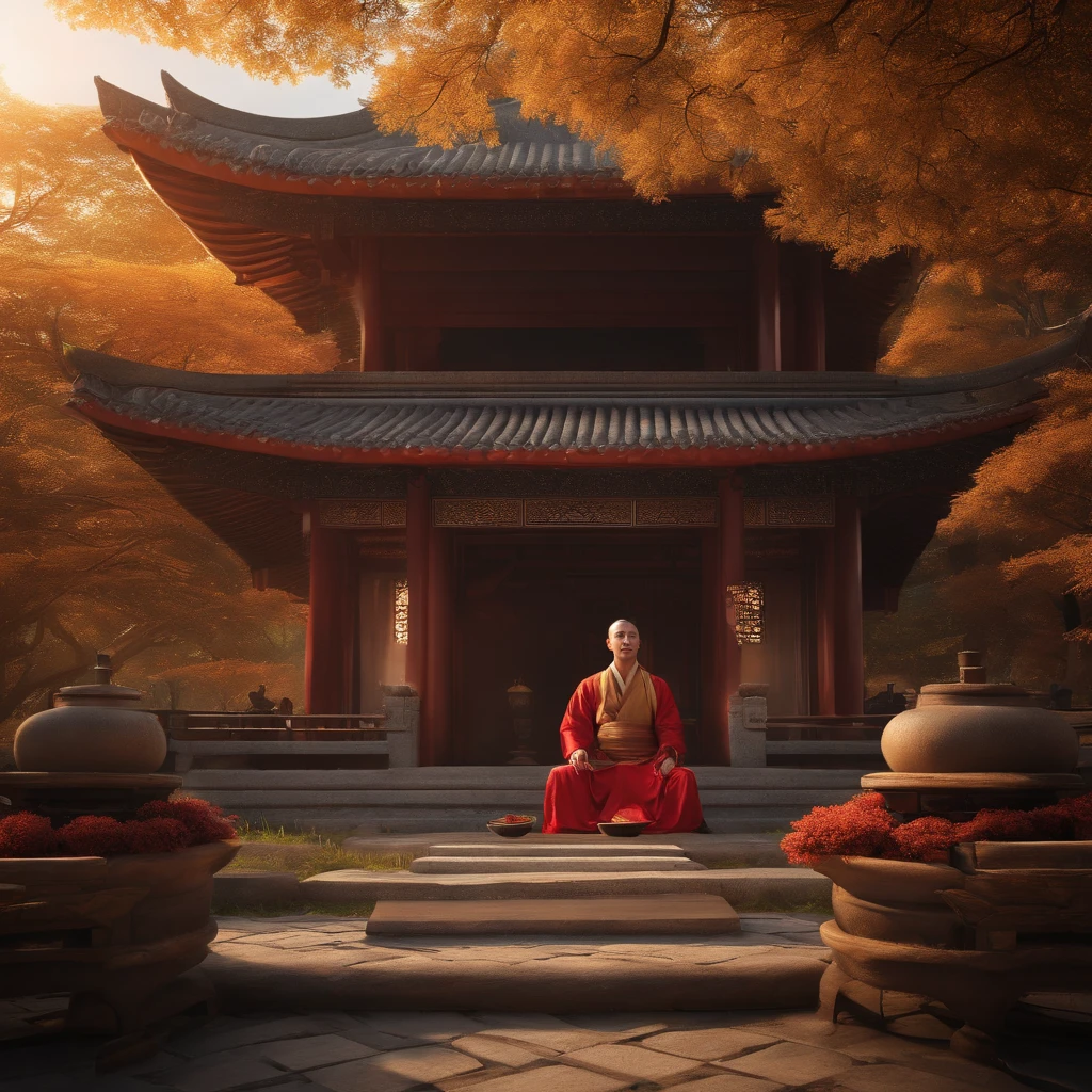Quaint Han Dynasty style temple，1 monk meditating in front of the monastery（closeup cleavage），Sit down and meditate，Practice Zen，pagoda，grassy，tree，florals，The bird，Autumn view，the setting sun，chinse landscape，（8k wallpaper），（light and shadow effect），White balance design，Extremely detailed depiction，Beautifully depicted，acurate，Works of masters，tmasterpiece，Nightmare vision，Dark fantasy plot，Perfect and excellent composition，8K分辨率，the detail，limitations，Close-up ultra-wide angle shot，realisticlying，stunning skies,Colorful clouds float，true to life, Pubic area is clear, flawless perfection, Digital SLR, 1024, 2048, 4096, A detailed, Sharp, best qualtiy, high qulity, absurderes，unmanned background，The is very detailed、Detailed lighting shadows，Trends on ArtStation、iintricate、high detal、dramatics、（Volumetriclighting：1.2）hdr shot。（Close-up，Super deep view，ultra-wide-angle，Microfocal length lens：1.2）（realisticlying：1.4）tmasterpiece、high high quality、Beautiful photography，globalillumination
