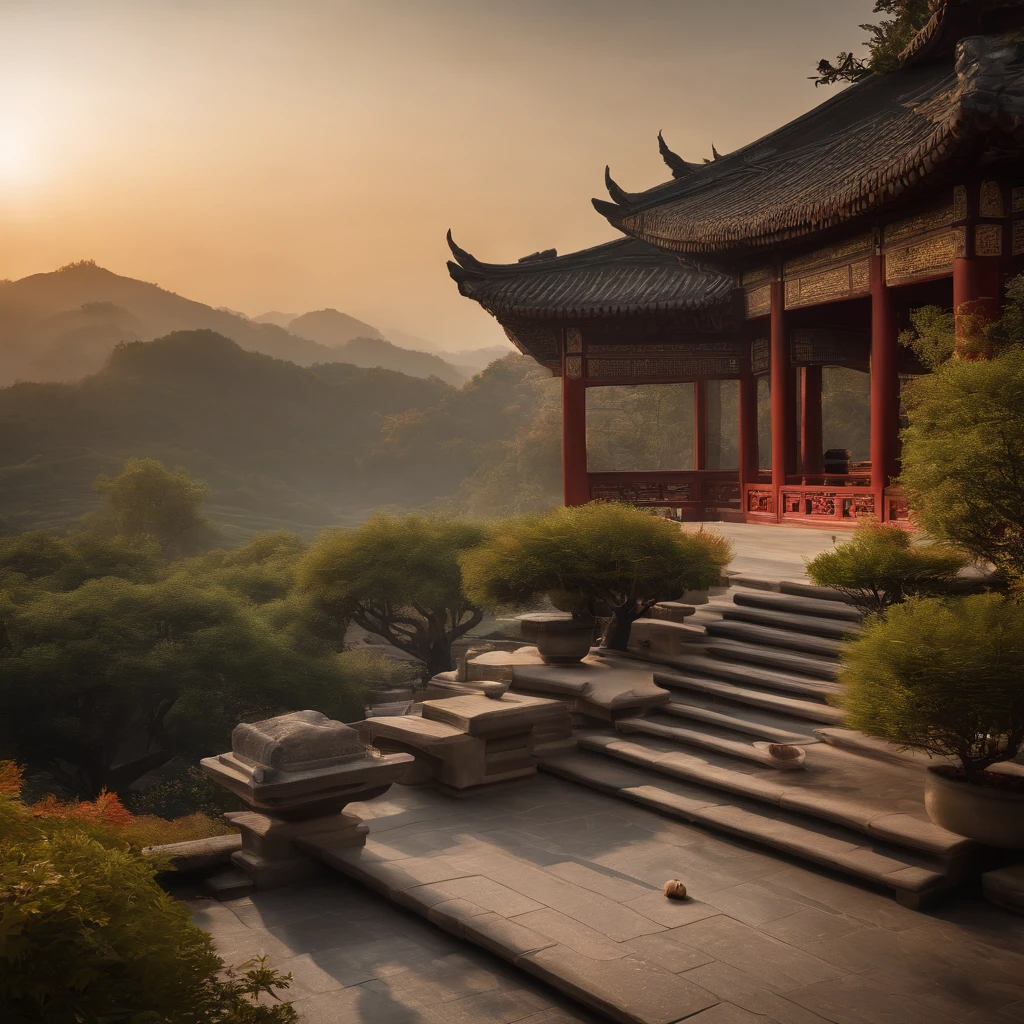 Quaint Han Dynasty style temple，1 monk meditating in front of the monastery（closeup cleavage），Sit down and meditate，Practice Zen，pagoda，grassy，tree，florals，The bird，Autumn view，the setting sun，chinse landscape，（8k wallpaper），（light and shadow effect），White balance design，Extremely detailed depiction，Beautifully depicted，acurate，Works of masters，tmasterpiece，Nightmare vision，Dark fantasy plot，Perfect and excellent composition，8K分辨率，the detail，limitations，Close-up ultra-wide angle shot，realisticlying，stunning skies,Colorful clouds float，true to life, Pubic area is clear, flawless perfection, Digital SLR, 1024, 2048, 4096, A detailed, Sharp, best qualtiy, high qulity, absurderes，unmanned background，The is very detailed、Detailed lighting shadows，Trends on ArtStation、iintricate、high detal、dramatics、（Volumetriclighting：1.2）hdr shot。（Close-up，Super deep view，ultra-wide-angle，Microfocal length lens：1.2）（realisticlying：1.4）tmasterpiece、high high quality、Beautiful photography，globalillumination