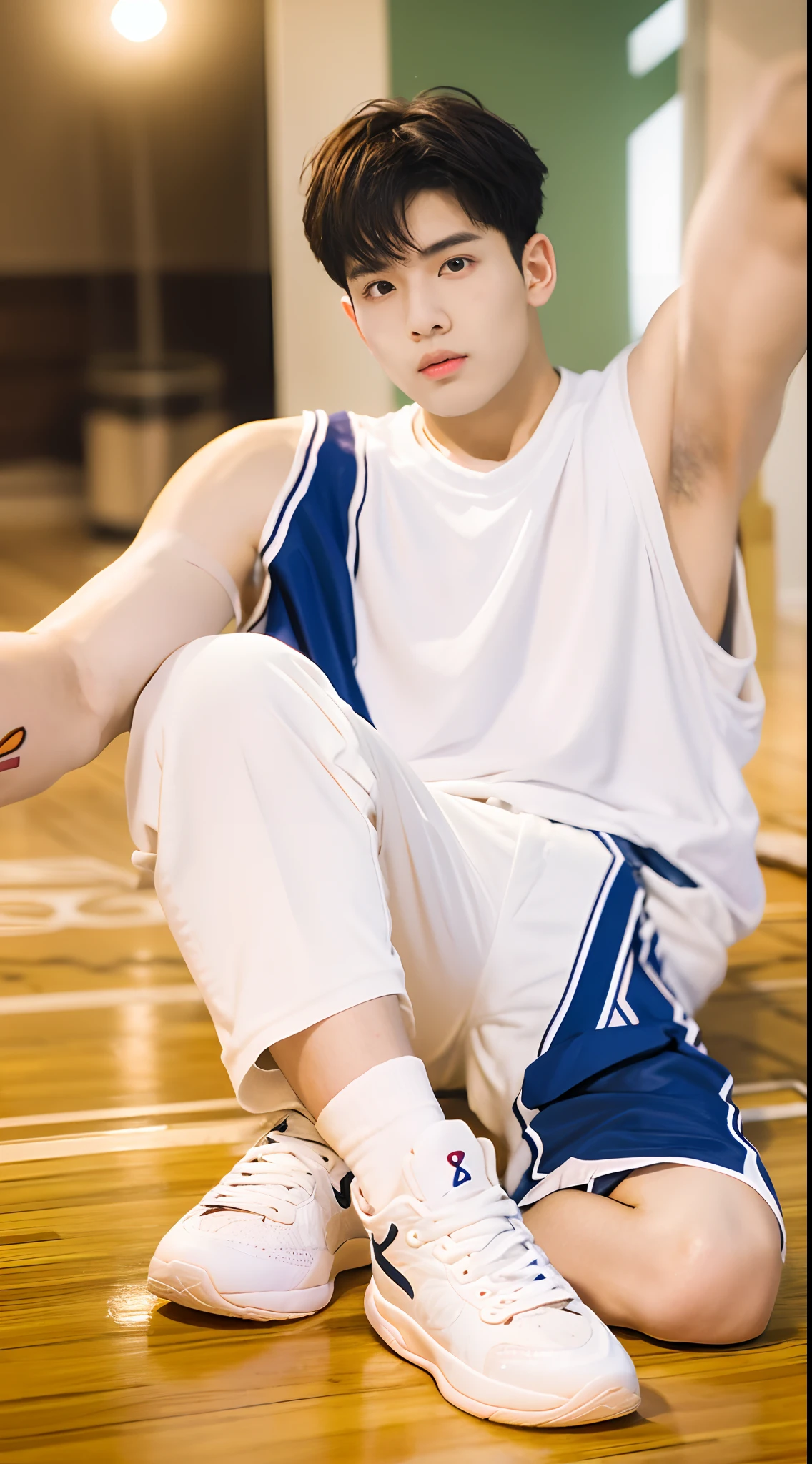 Chinese youth，Sunny and handsome appearance，Delicate facial features，Korean hairstyle，Deep eyes and long eyelashes，White skin of the，Shapely and toned body，White casual clothes，White socks，Basketball shoes，Take a selfie on the basketball court