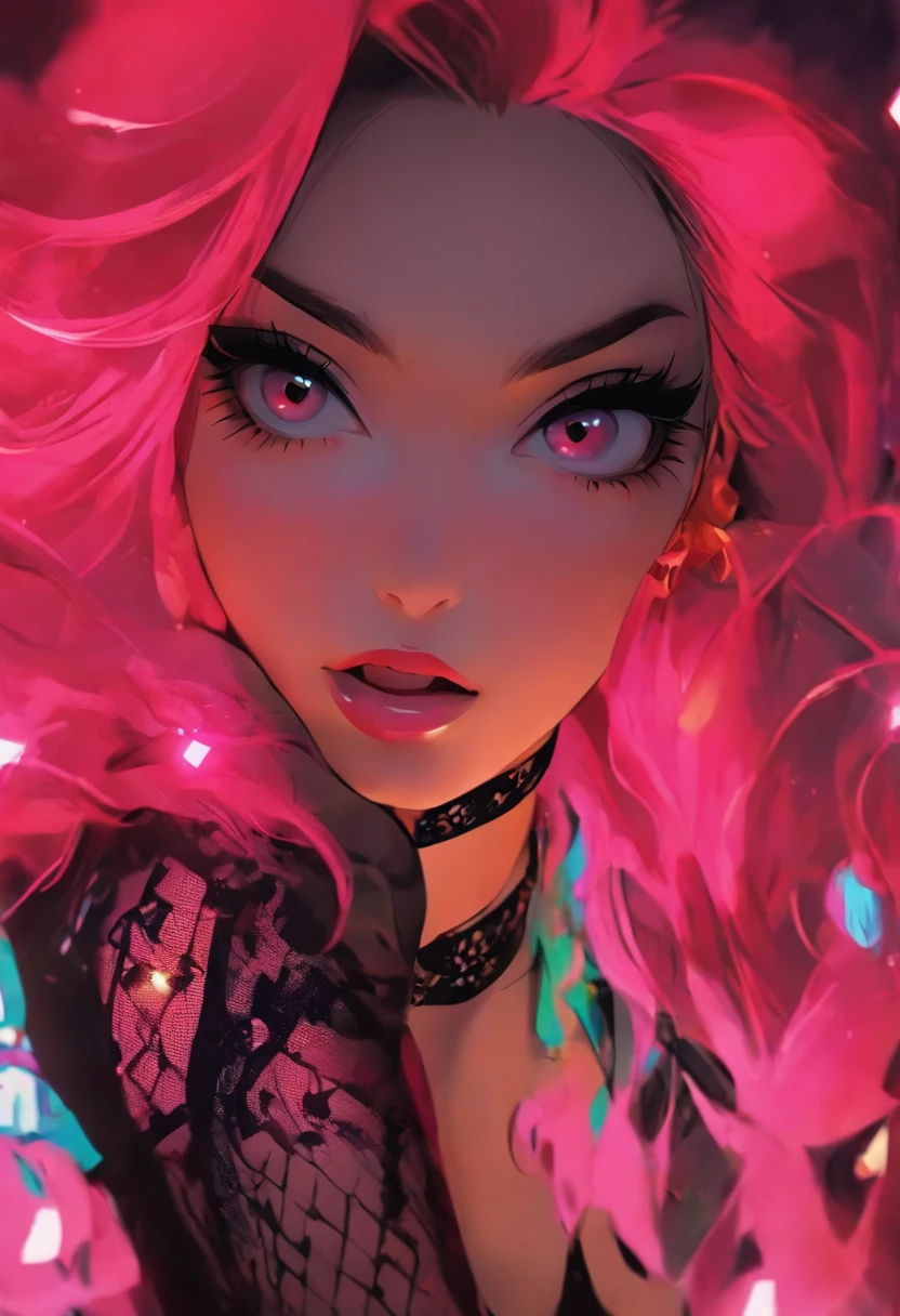 A beautiful Korean girl,Long pink hair,Tattooed with,full bodyesbian,Wearing a collar,Wear a black lace bra,Wear black lace panties,Wear stiletto heels,Wear black pantyhose,Bad girl,s the perfect face,Put on light makeup,Wear a ruby ring,Cool and funky style,On the dance floor,Ultra photo realsisim,8K