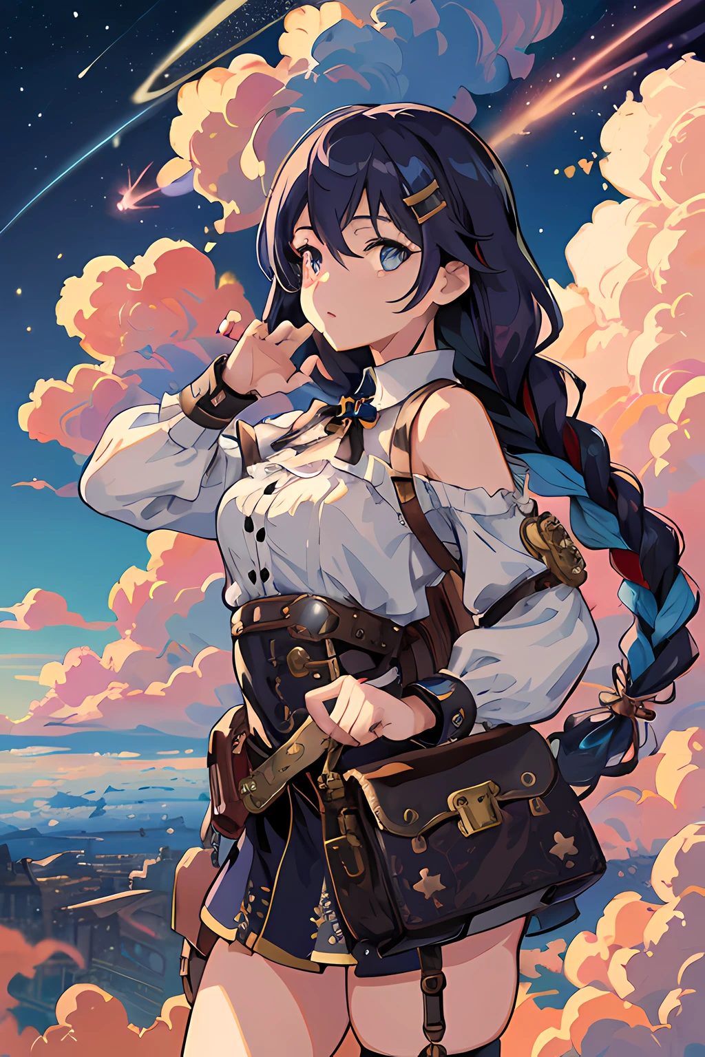 masterpiece, best quality, official art, illustration, ligne claire, highres, absurdres, ultra-detailed, 8k, fantasy, focused, (in the air), (above the cloud:1.3), rule of thirds, 1girl, blue and violett hair, long hair, braids, looking at viewer over shoulder, kintsugi, colorful eyes, colorful steampunk outfit, (steampunk city background:1.10), brilliant colorful clouds, bloom, portrait, cross hair ornament, waist bag, dynamic pose, shadow, reflection, lightred Meteor, half the sky is Milky Way, motion, (depth_of_field)