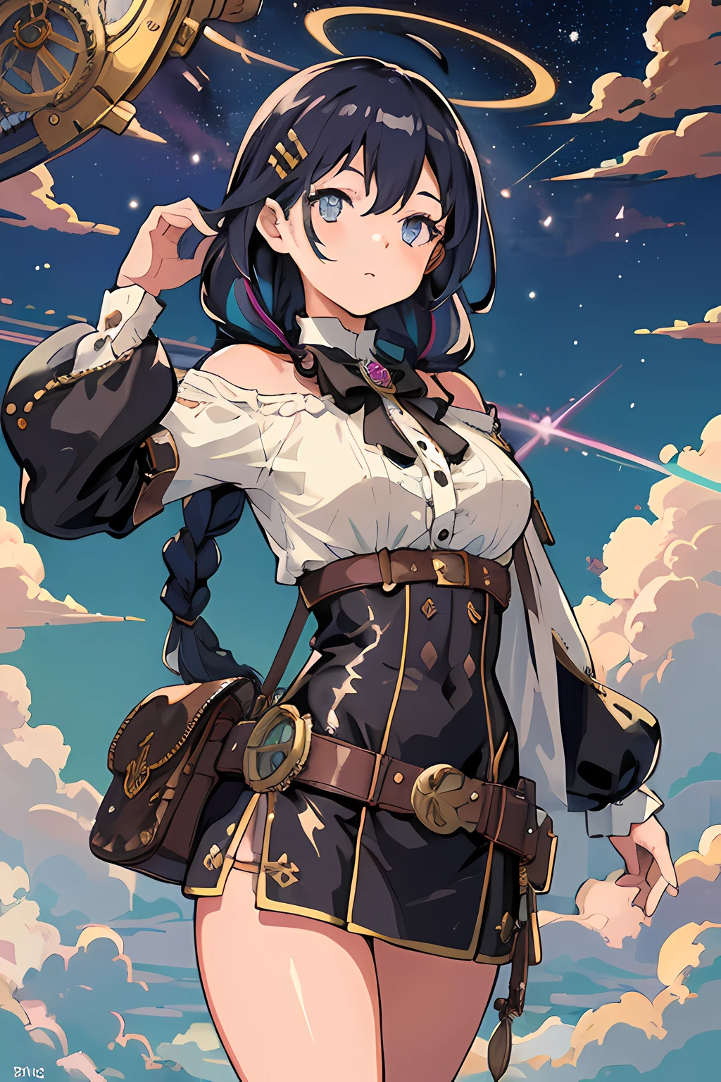 masterpiece, best quality, official art, illustration, ligne claire, highres, absurdres, ultra-detailed, 8k, fantasy, focused, (in the air), (above the cloud:1.3), rule of thirds, 1girl, blue and violett hair, long hair, braids, looking at viewer over shoulder, kintsugi, colorful eyes, colorful steampunk outfit, (steampunk city background:1.10), brilliant colorful clouds, bloom, portrait, cross hair ornament, waist bag, dynamic pose, shadow, reflection, lightred Meteor, half the sky is Milky Way, motion, (depth_of_field)